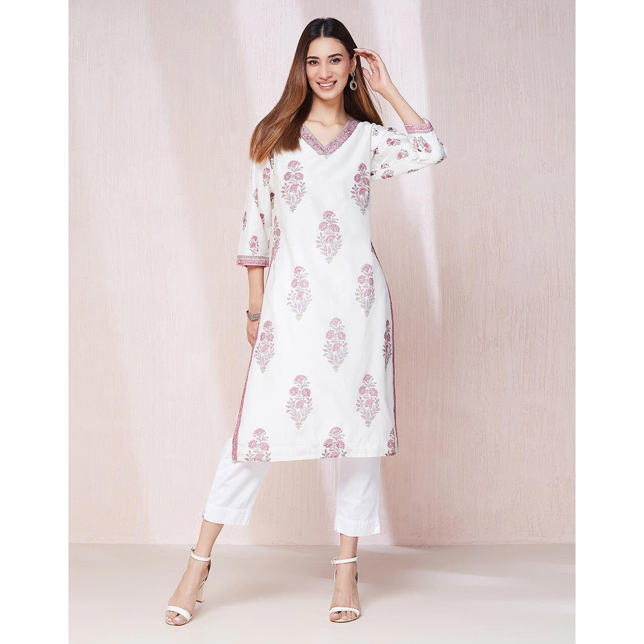 Fabindia Women's Cotton Silk Printed Regular Kurta (1037300White- White-Purple