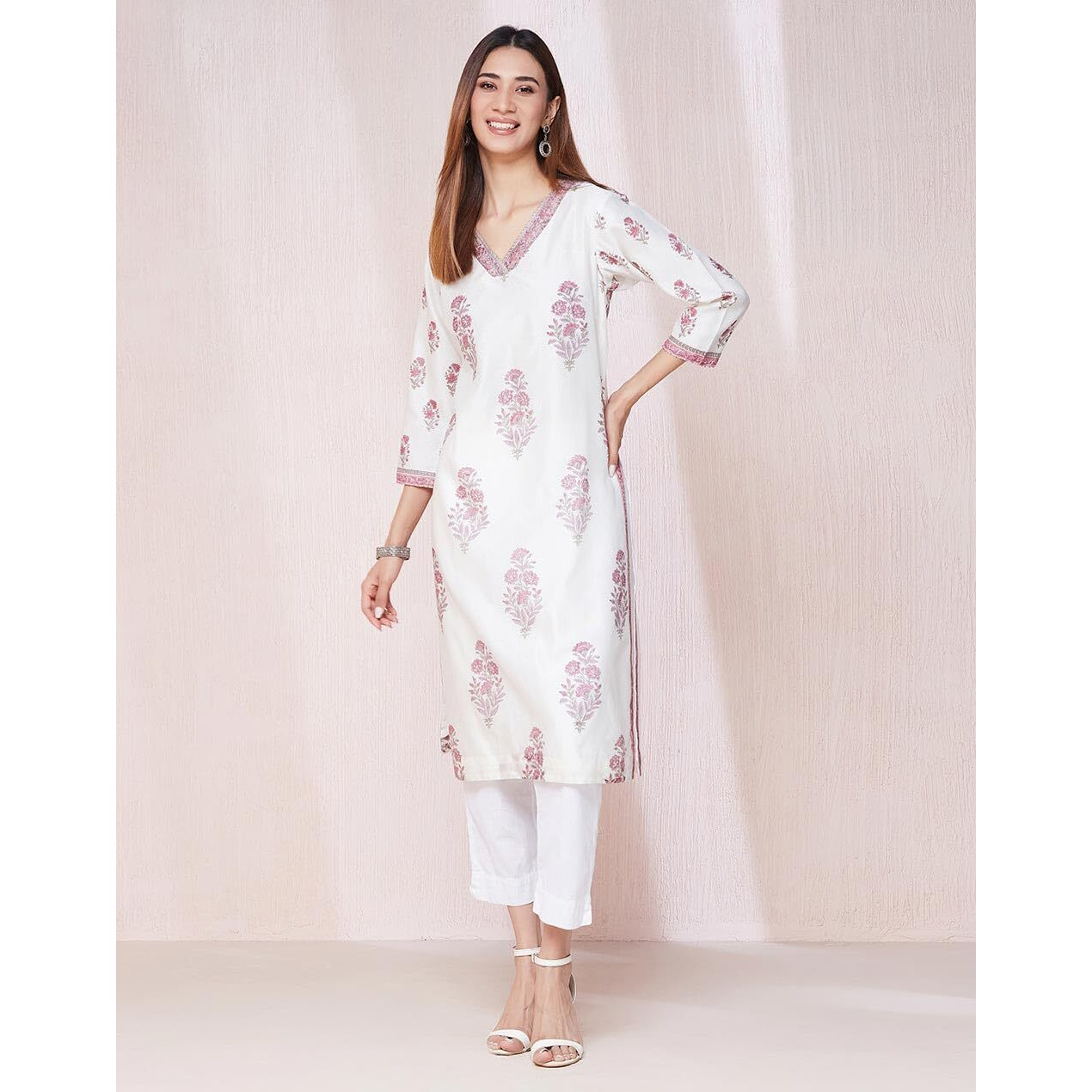 Fabindia Women's Cotton Silk Printed Regular Kurta (1037300White- White-Purple