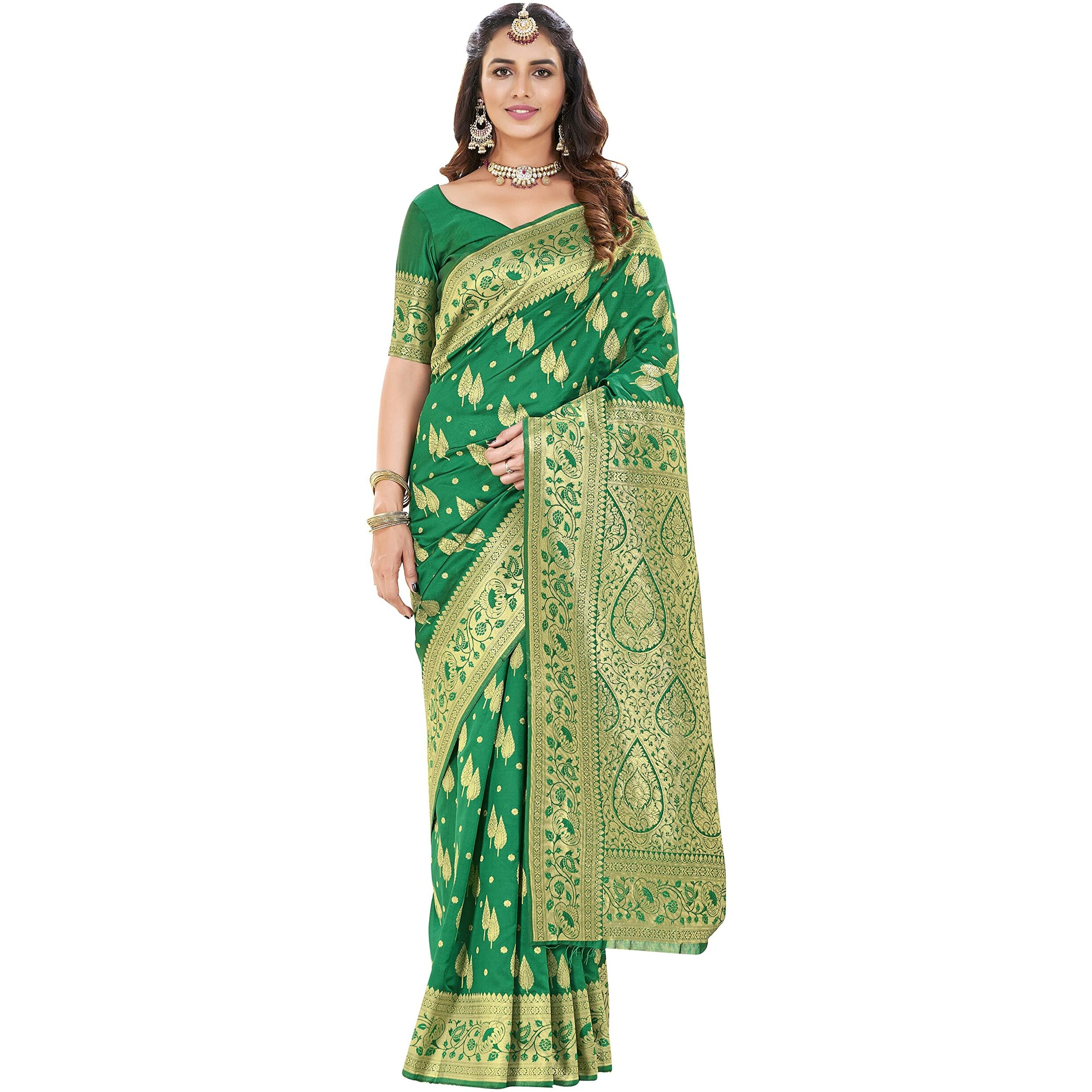 Glory Sarees Womens Banarasi Silk Saree With Blouse Piece (Kara152_Green)