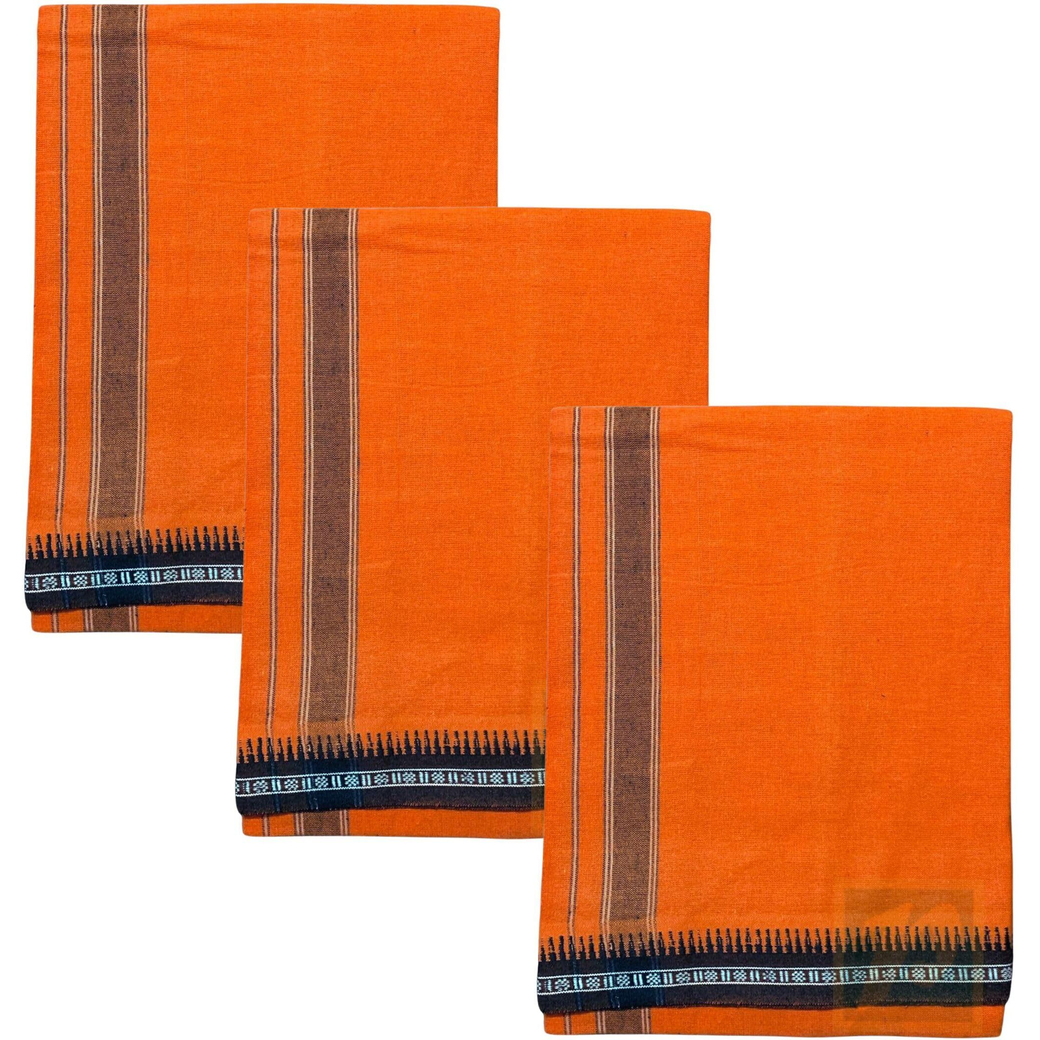 Prakasam Cotton Mens Single (1.28 X 2.00 Mtrs) Colour Thalapathi Border Dhoties/Fine Quality Single Dhoties (Orange)-Pack Of 3 Dhoties