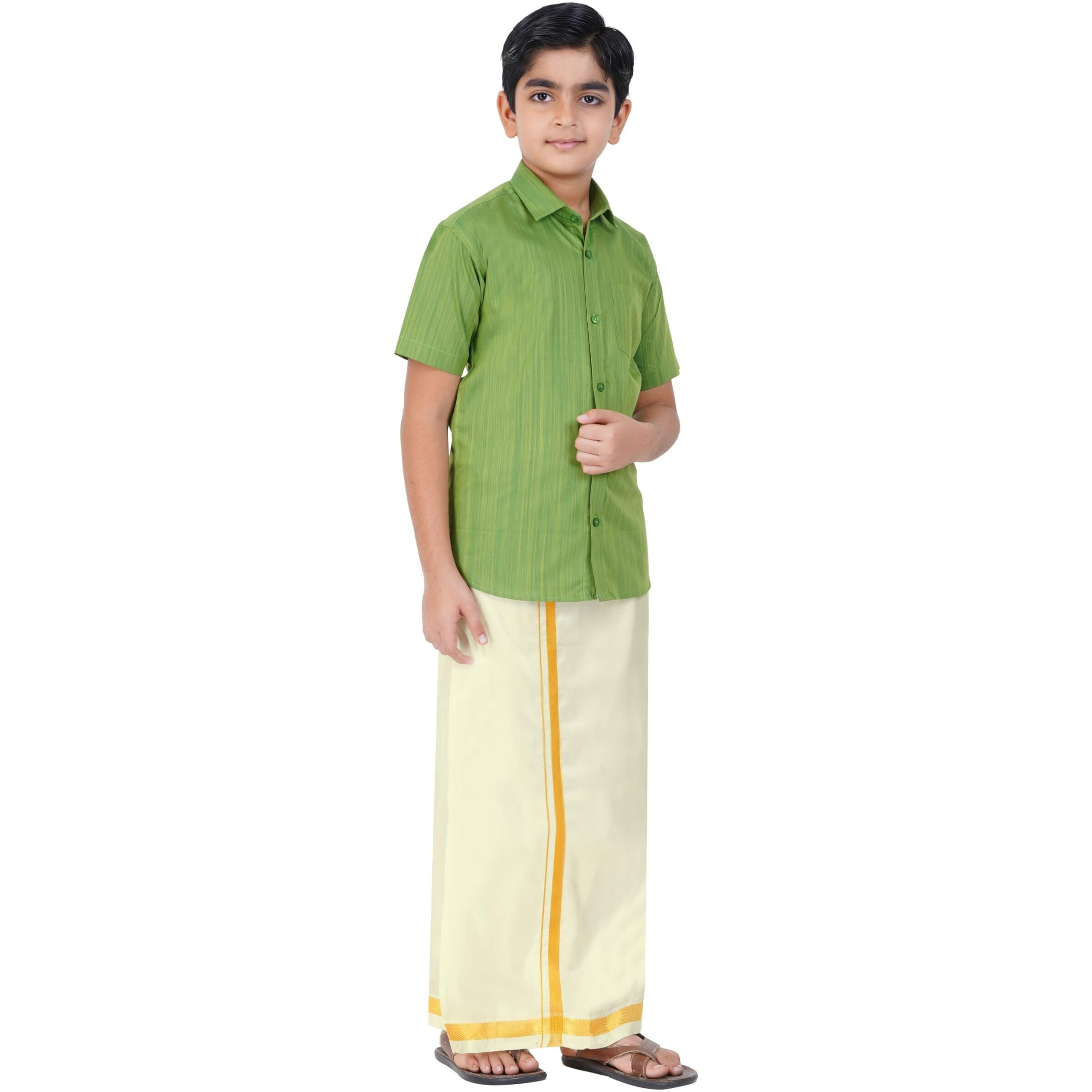 Boys Cotton Half Sleeve Self Design Shirt With Stitched Art Silk Dhoti For Boys (Madriyad-Green)
