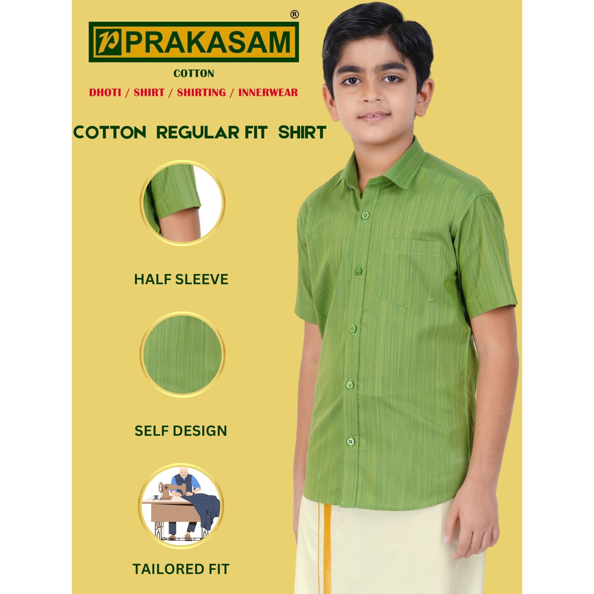 Boys Cotton Half Sleeve Self Design Shirt With Stitched Art Silk Dhoti For Boys (Madriyad-Green)