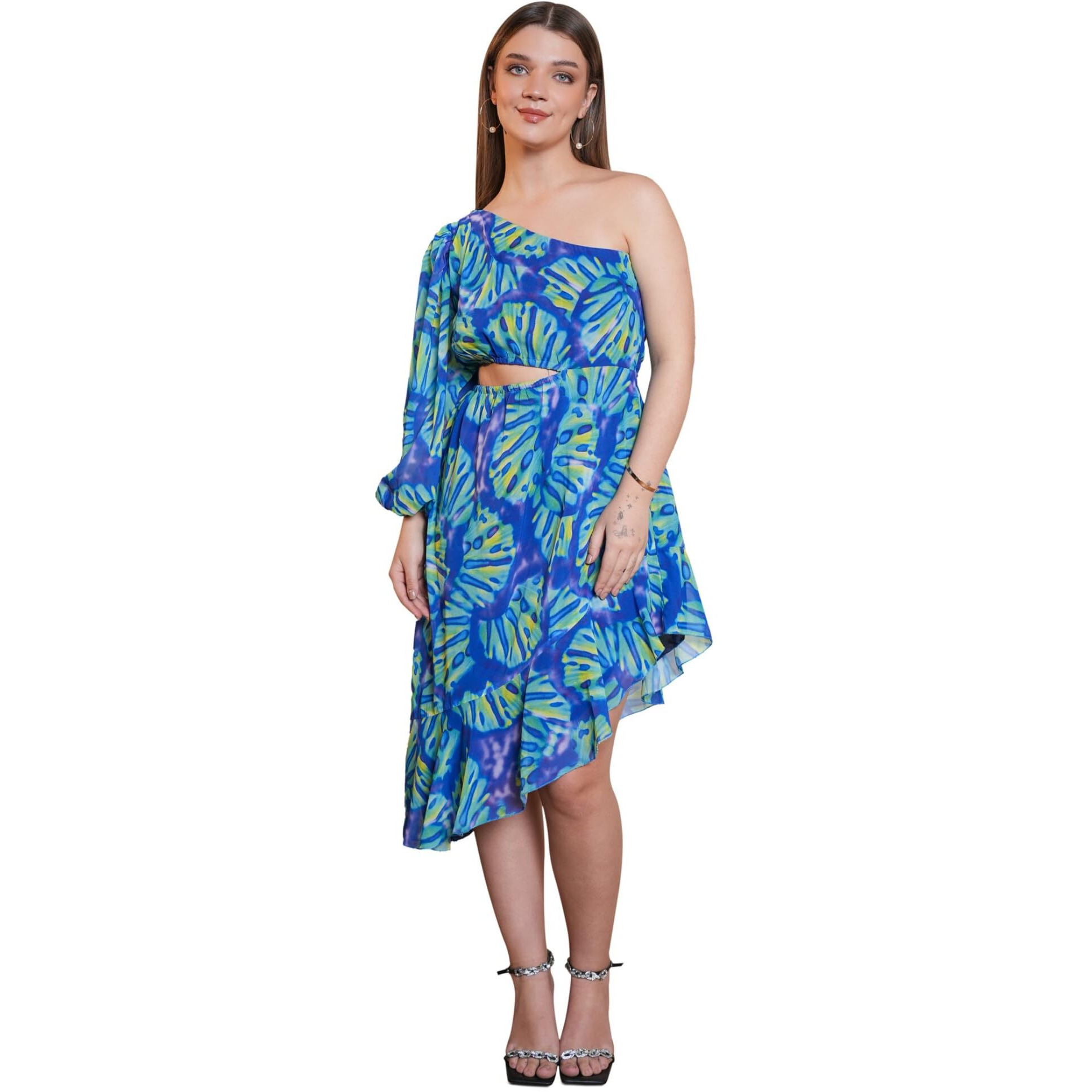 Purvaja Womens One Shoulder Below Knee Length Dress (Floe-031_Blue_Large)