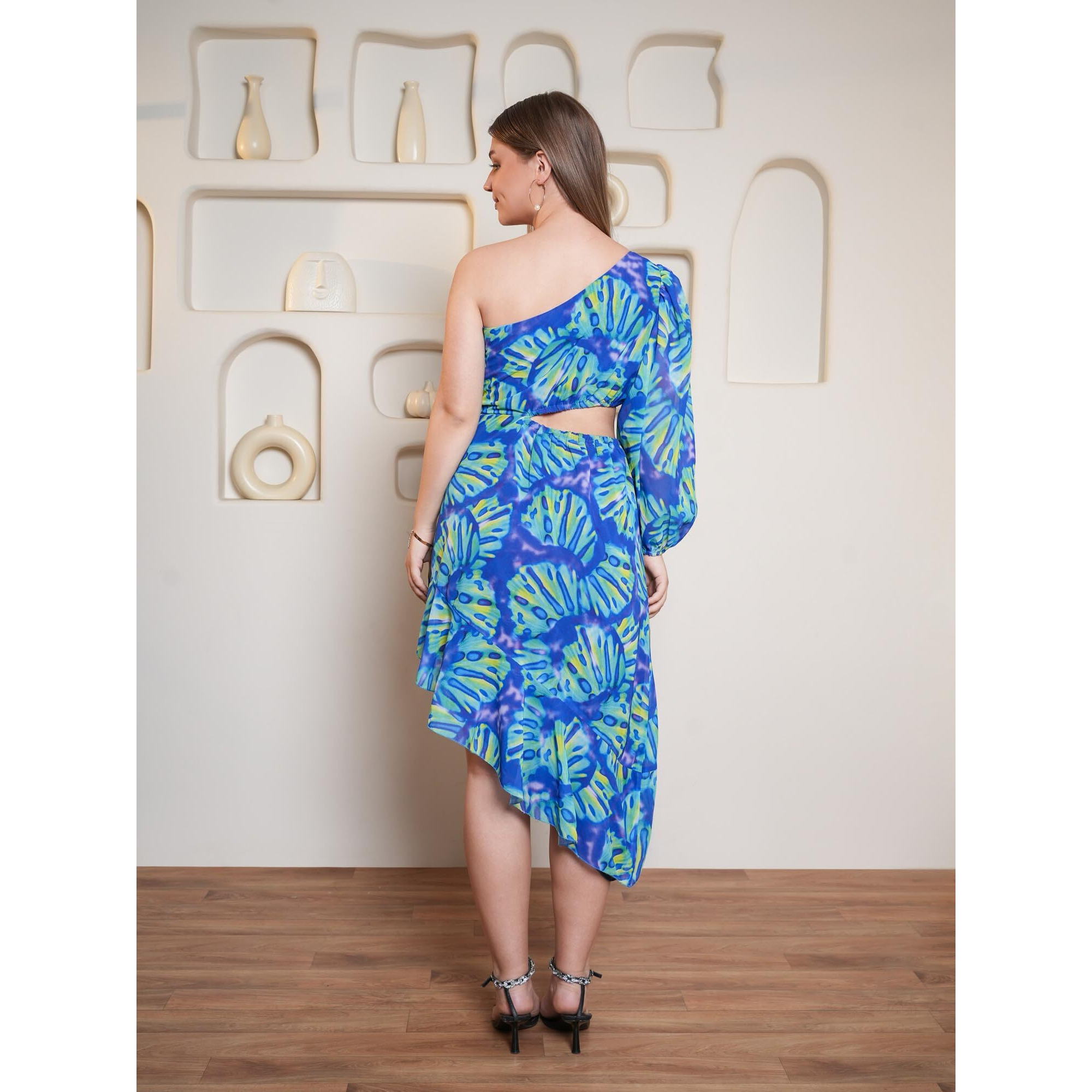 Purvaja Womens One Shoulder Below Knee Length Dress (Floe-031_Blue_Large)