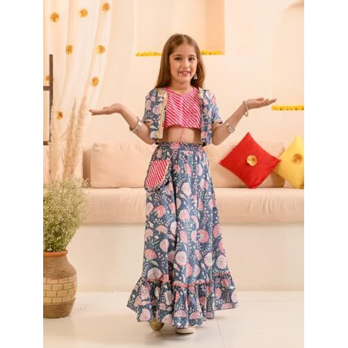 Pspeaches Girl's Cotton Lehenga Choli (L-Navypinkjaal_Navy_10-11Y)