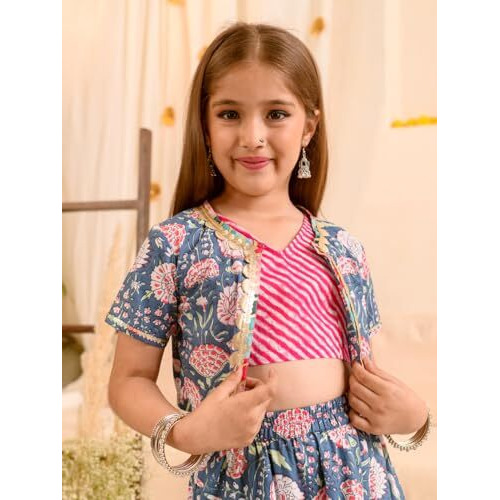 Pspeaches Girl's Cotton Lehenga Choli (L-Navypinkjaal_Navy_10-11Y)