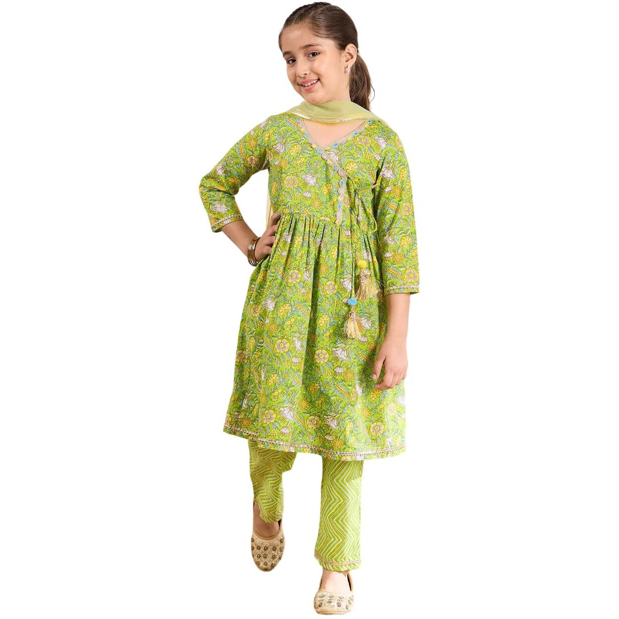 Pspeaches Girl's Cotton Regular Kurta Set (Ks-Greenyellowjaal-5-6Y_Green