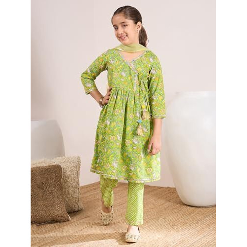 Pspeaches Girl's Cotton Regular Kurta Set (Ks-Greenyellowjaal-5-6Y_Green