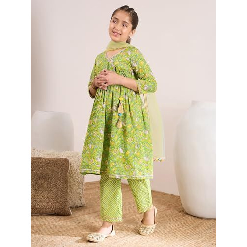 Pspeaches Girl's Cotton Regular Kurta Set (Ks-Greenyellowjaal-5-6Y_Green