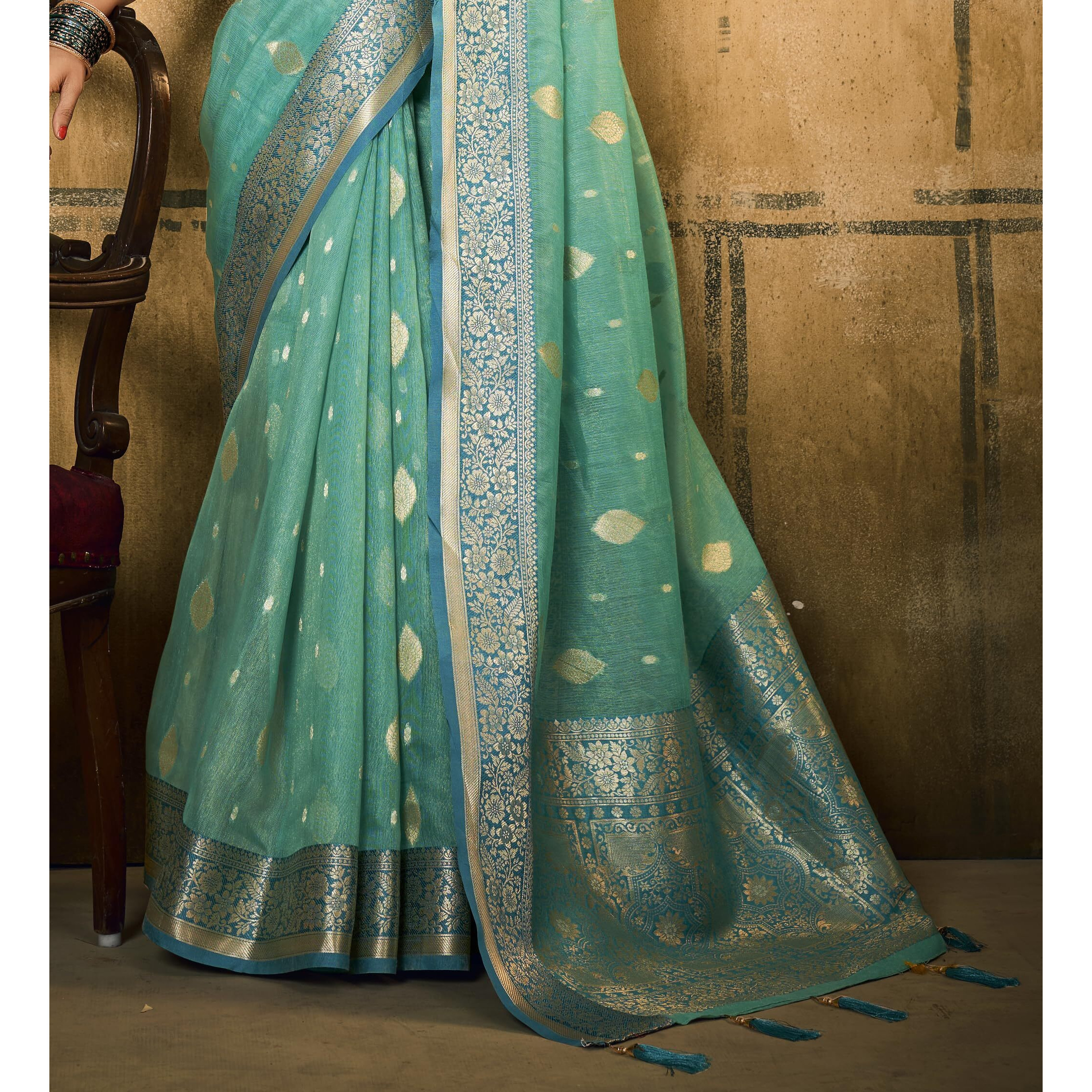 Pujia Mills Women Banarasi Woven Tissue Silk Saree With Zari Butta Work Indian Ethnic Wear Designer Wedding Saree 2025 Woven Golden Zari Border With Rich Pallu Soft Silk Saree Paithni Sea Green Saree