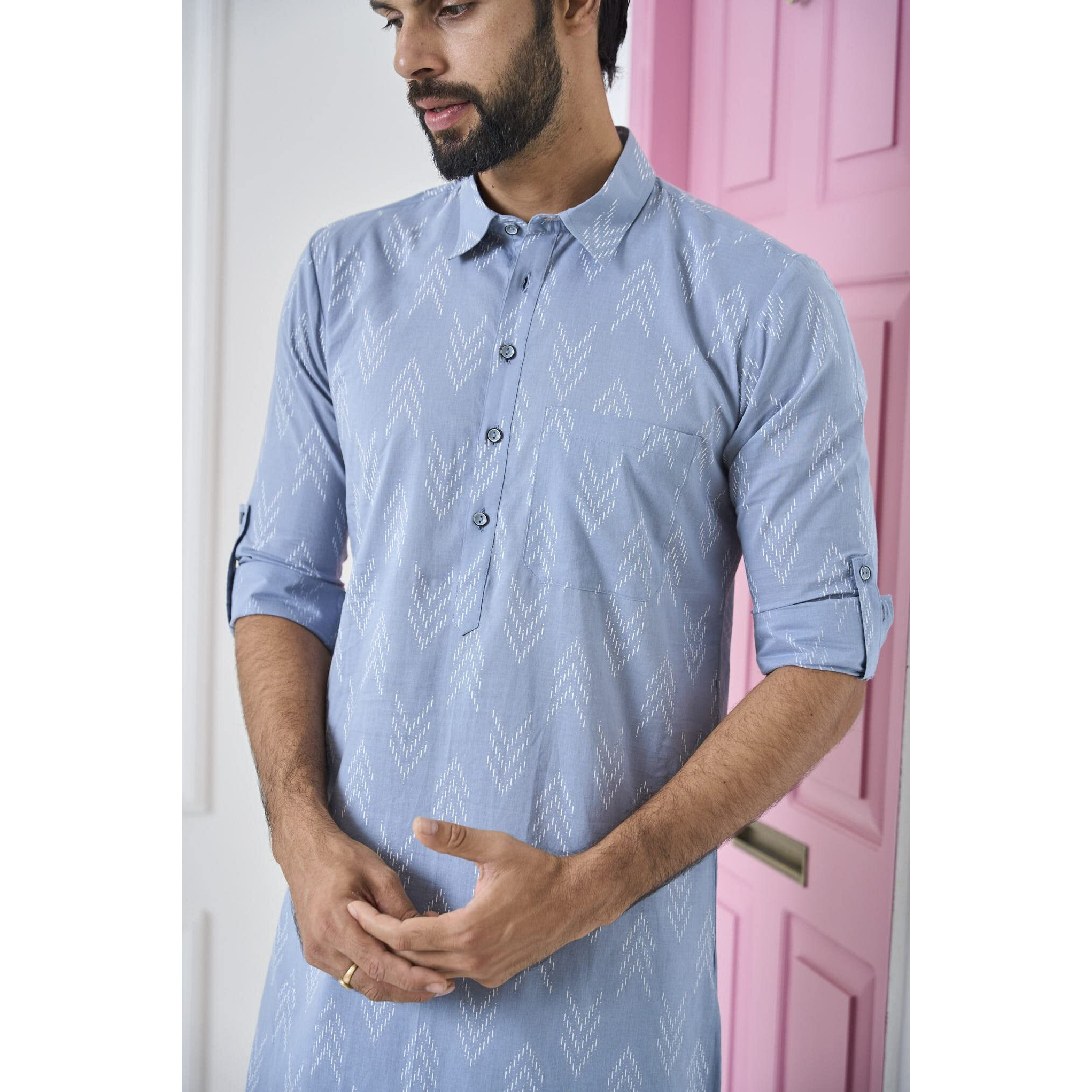 See Designs Light Grey & Black Cotton Regular Fit Printed Kurta Set Shirt Collar_Sdmpkt117004M