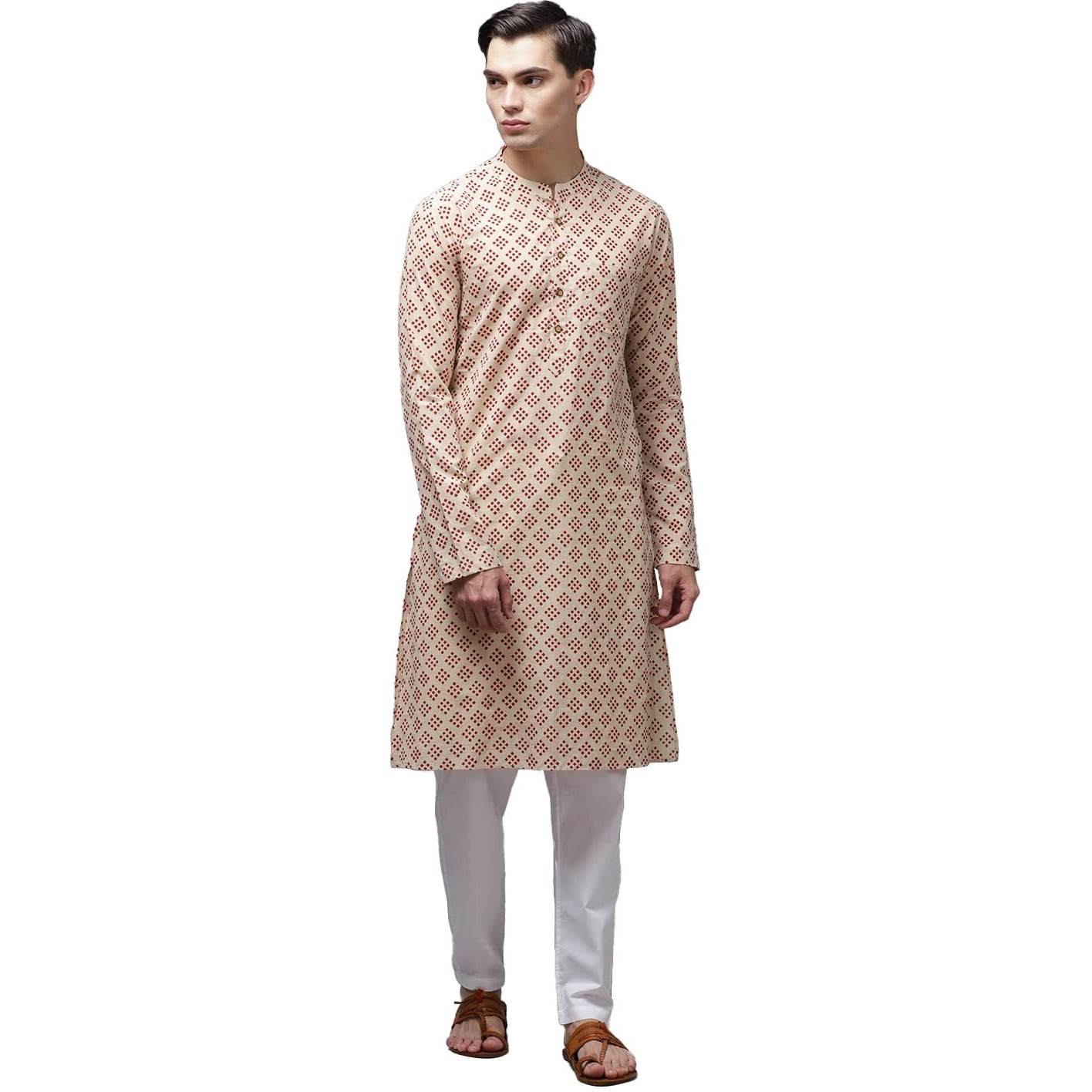 See Designs Men Beige And Maroon Hand Block Print Sustainable Straight With Kurta Pyjama - Sdkt96401L (L)