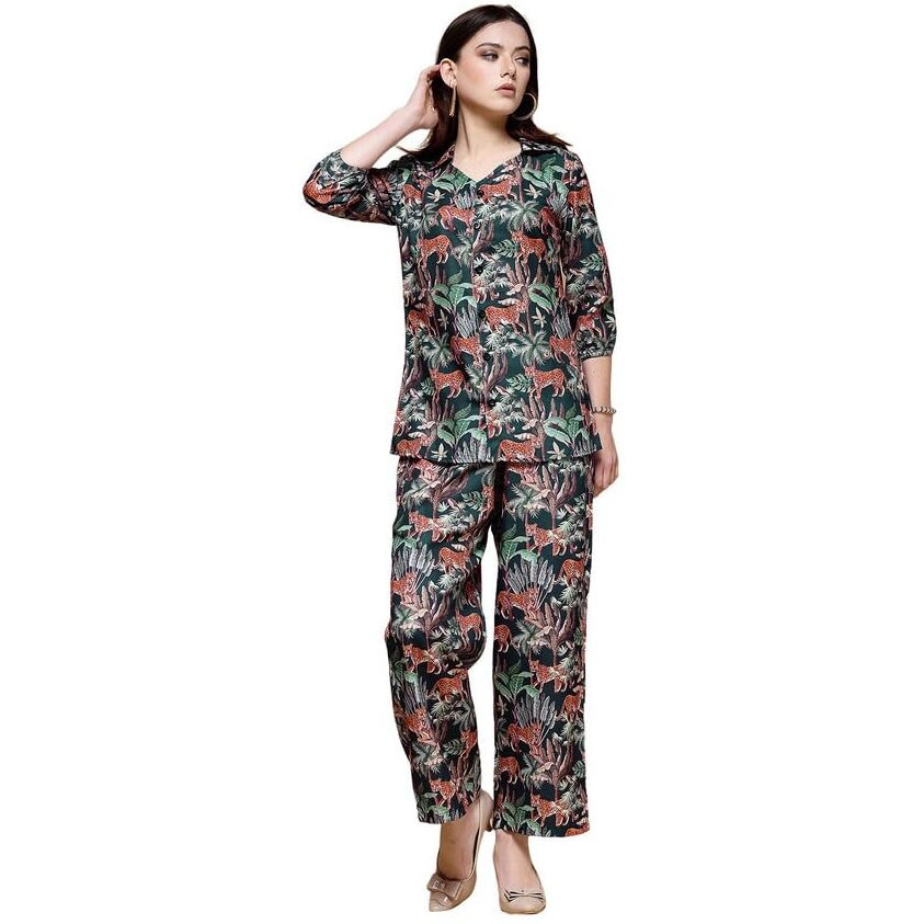 Selvia Women's Magic Slub Regular Sleeve Collar Neck 2 Piece Co-Ords Set (604Ctk10941-M_Dark Green, Multi)