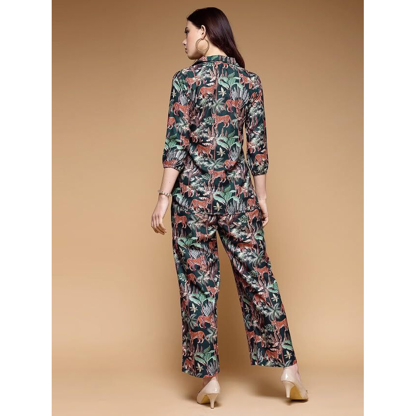 Selvia Women's Magic Slub Regular Sleeve Collar Neck 2 Piece Co-Ords Set (604Ctk10941-M_Dark Green, Multi)