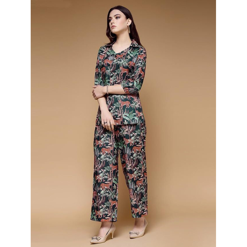 Selvia Women's Magic Slub Regular Sleeve Collar Neck 2 Piece Co-Ords Set (604Ctk10941-M_Dark Green, Multi)