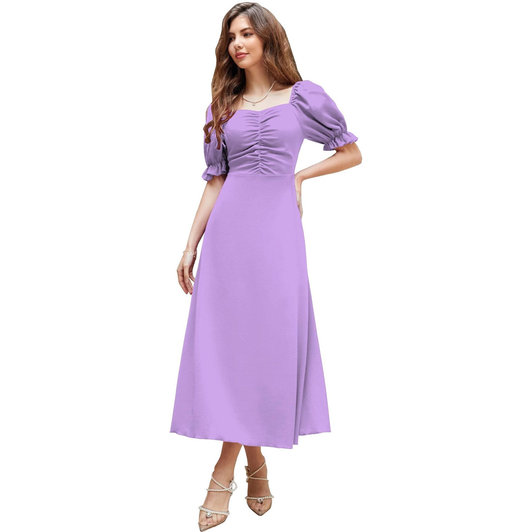 Shasmi Girl's & Women's Solid A-Line Ruched Puff Sleeve Maxi Long Evening One Piece Long Dress For Women Stylish (Dress 131 Light Purple-L)