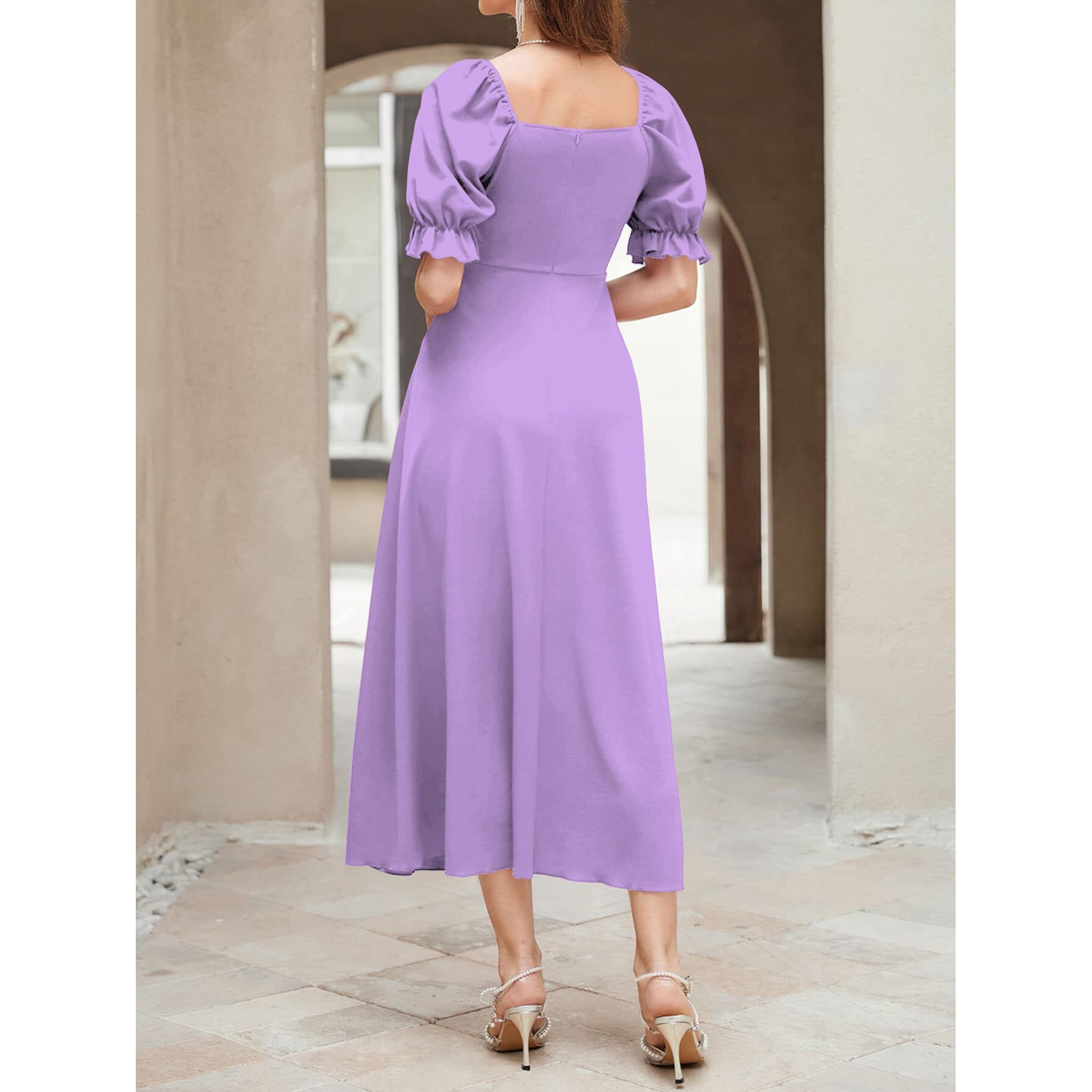 Shasmi Girl's & Women's Solid A-Line Ruched Puff Sleeve Maxi Long Evening One Piece Long Dress For Women Stylish (Dress 131 Light Purple-L)