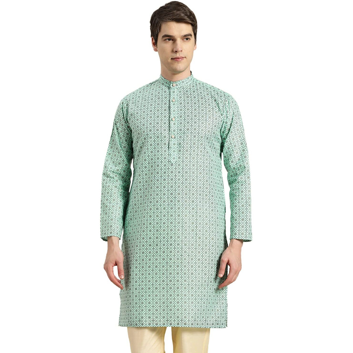 Sojanya (Since 1958 Men's Cotton Linen Sea Green Foil Printed Only Long Kurta
