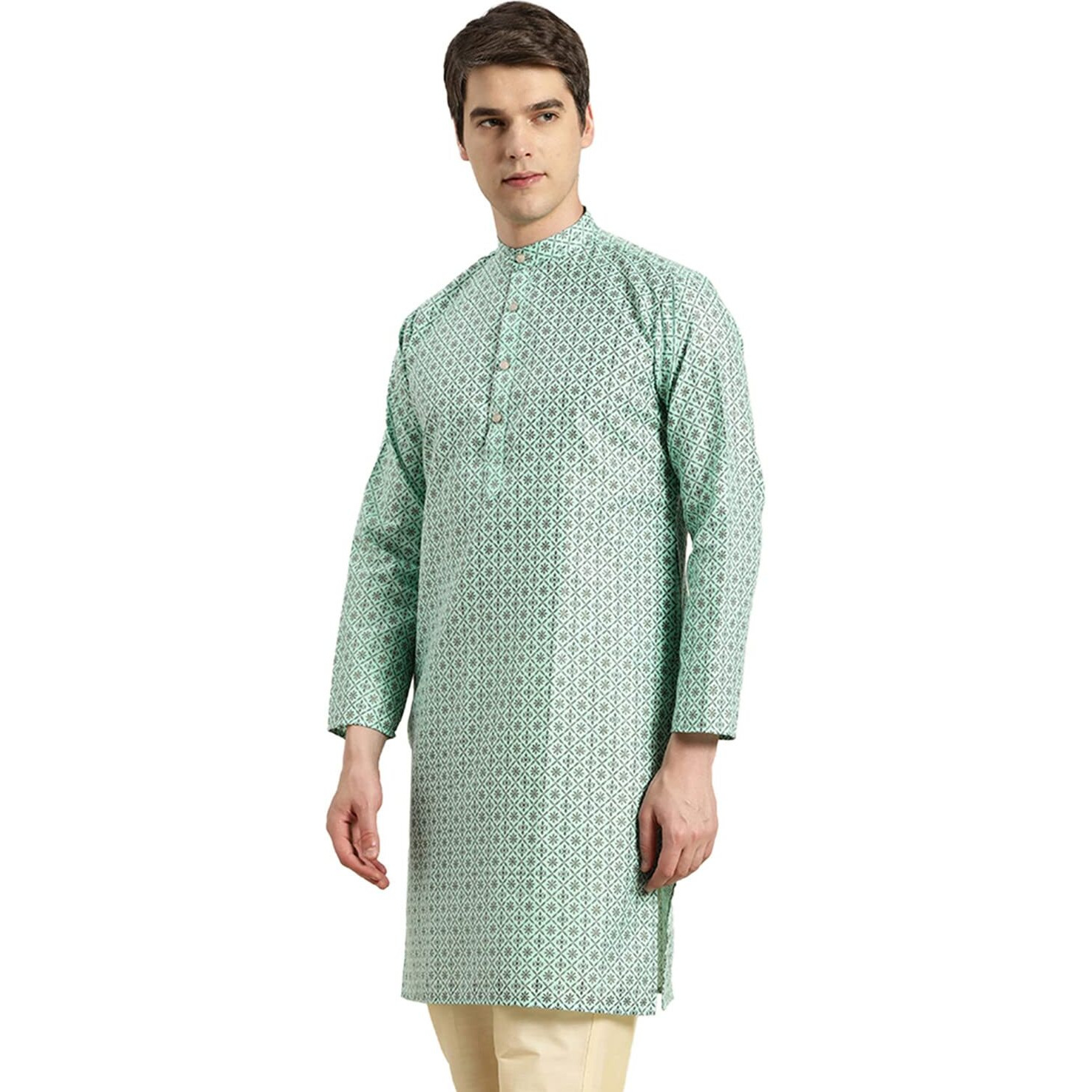 Sojanya (Since 1958 Men's Cotton Linen Sea Green Foil Printed Only Long Kurta