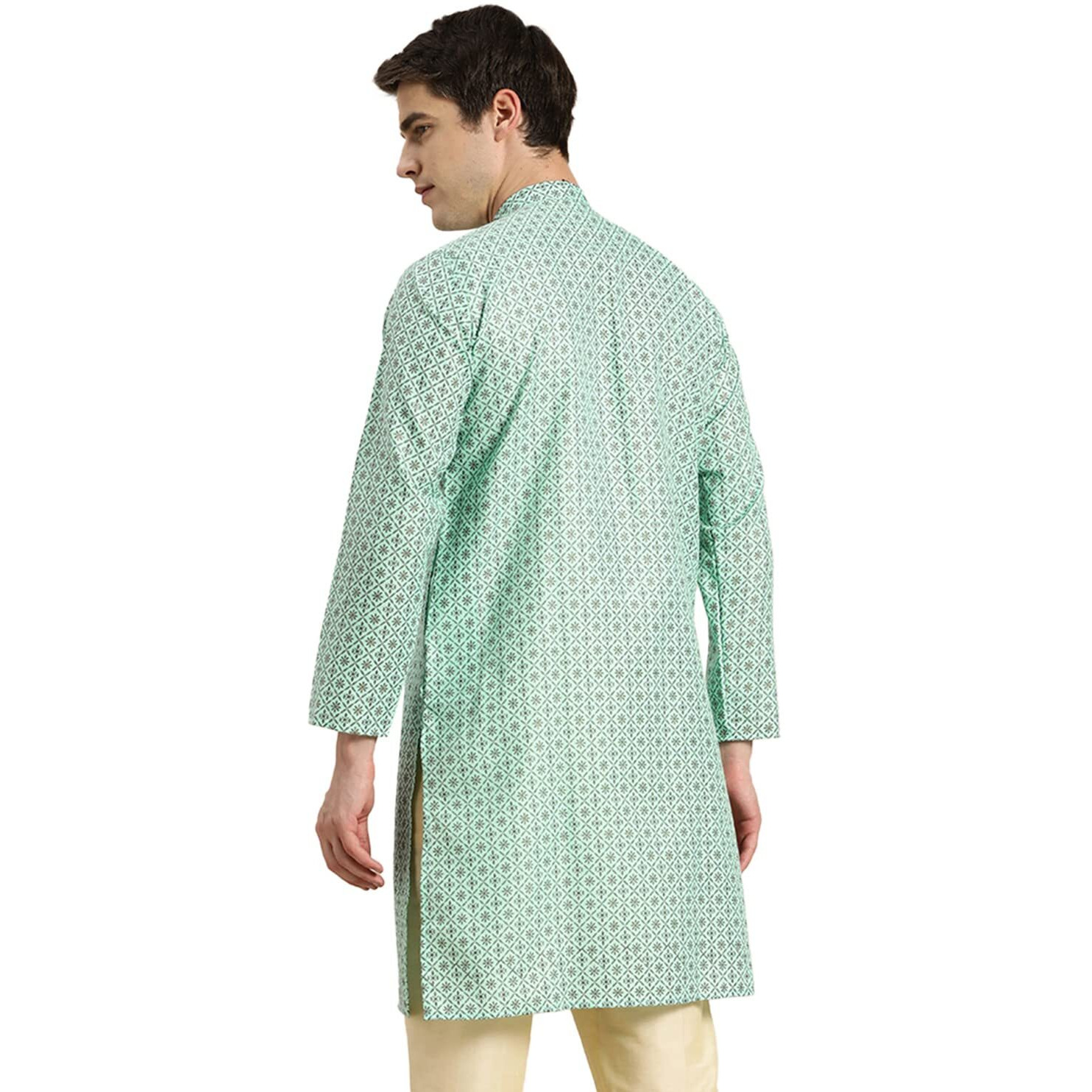 Sojanya (Since 1958 Men's Cotton Linen Sea Green Foil Printed Only Long Kurta