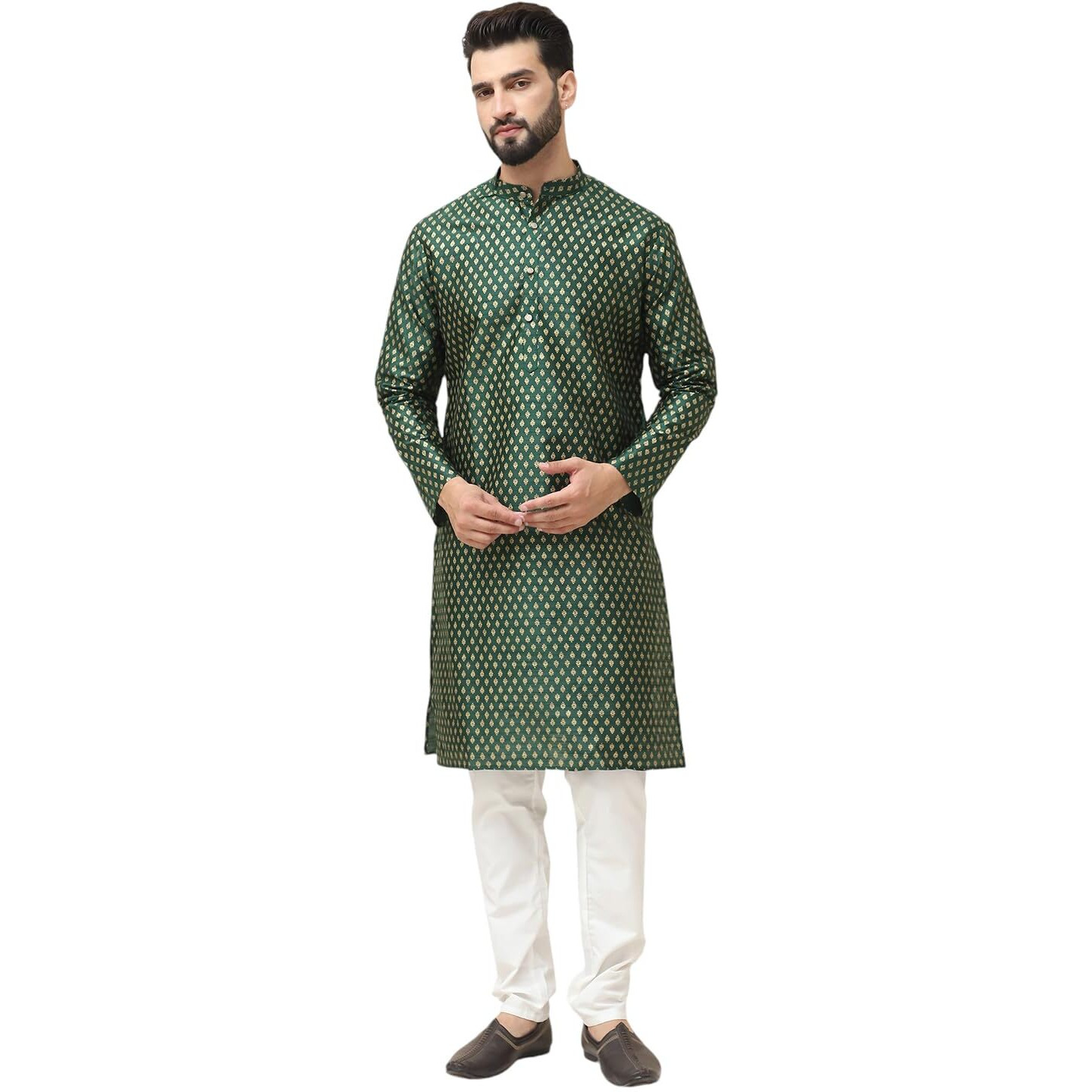 Sojanya (Since 1958 Men's Silk Blend Dark Green Self Design Kurta With Off White Pyjama Set