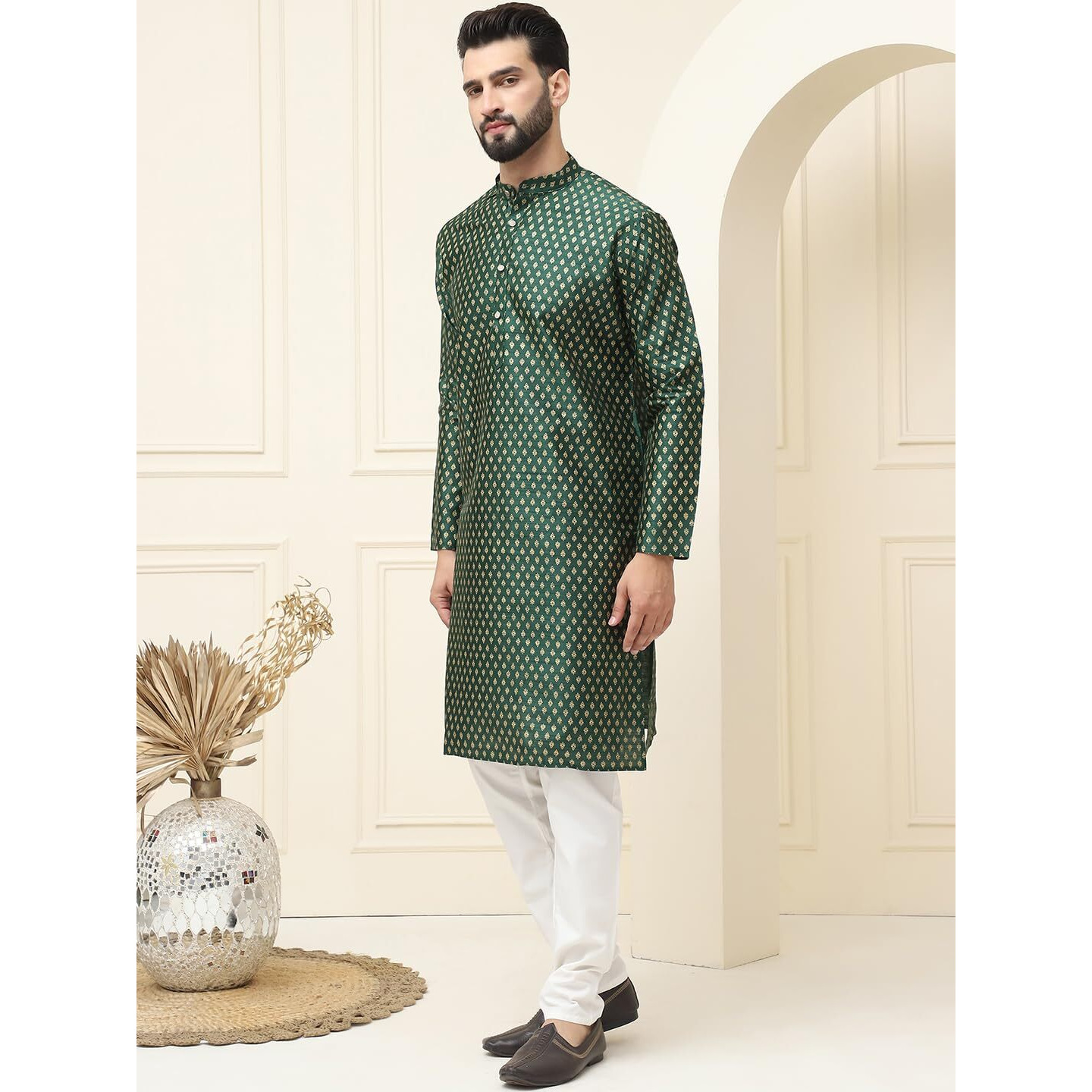 Sojanya (Since 1958 Men's Silk Blend Dark Green Self Design Kurta With Off White Pyjama Set