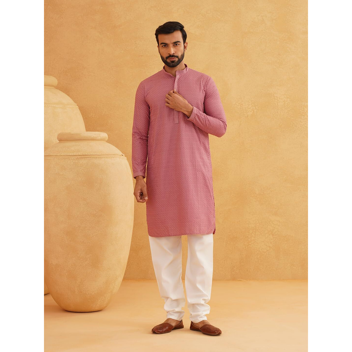 Sojanya (Since 1958 Men's Cotton Embroidered Thread Work Coral Kurta With White Churidar Pyjama