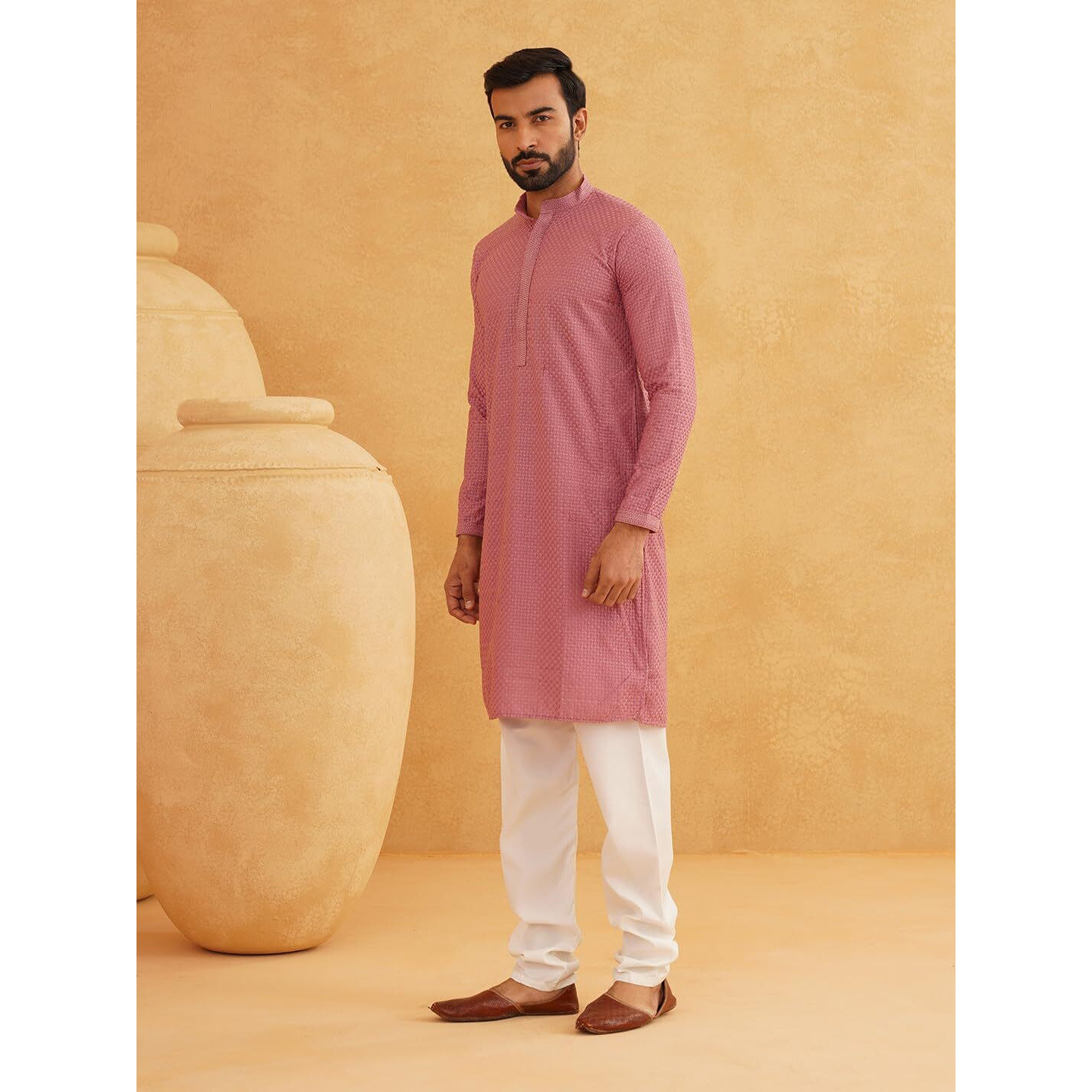 Sojanya (Since 1958 Men's Cotton Embroidered Thread Work Coral Kurta With White Churidar Pyjama