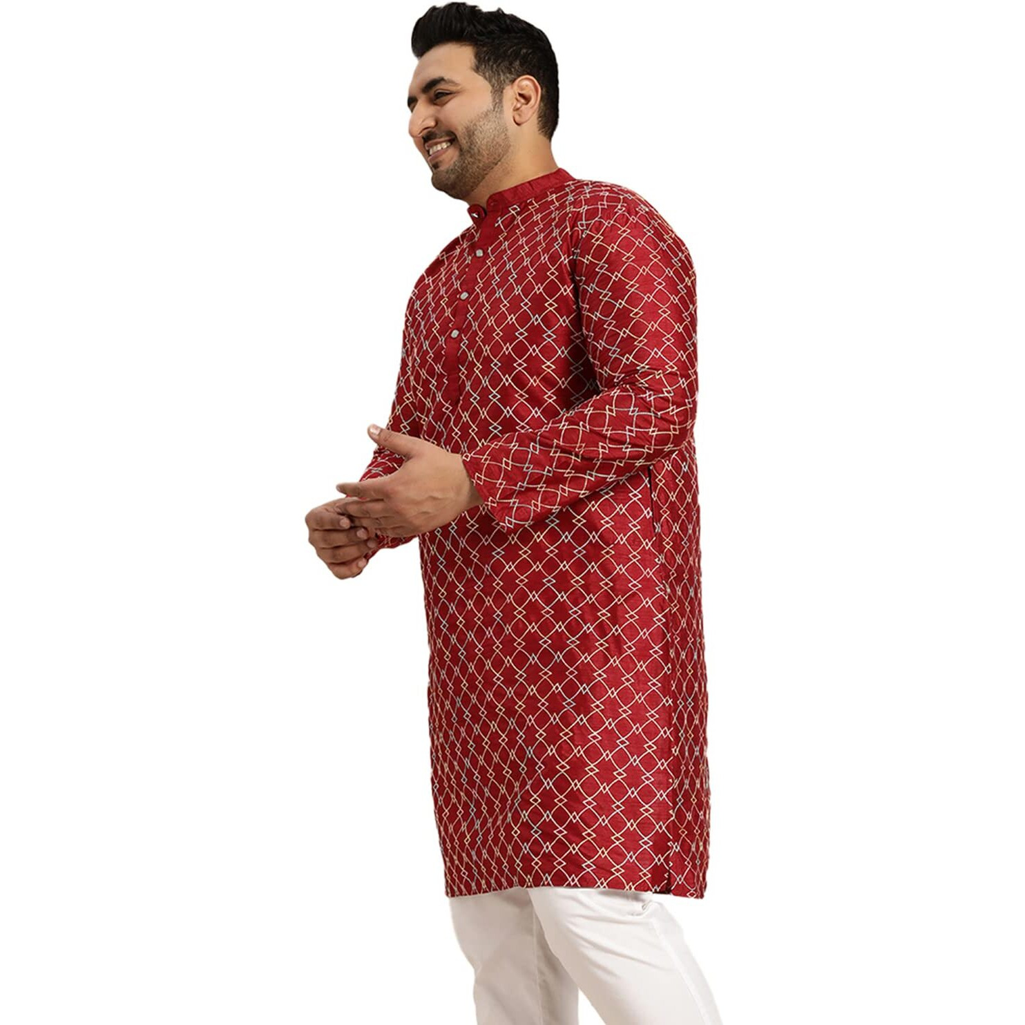 Sojanya Plus (Since 1958) Men's Maroon Silk Blend Long Kurta With Multi Color Embroidery