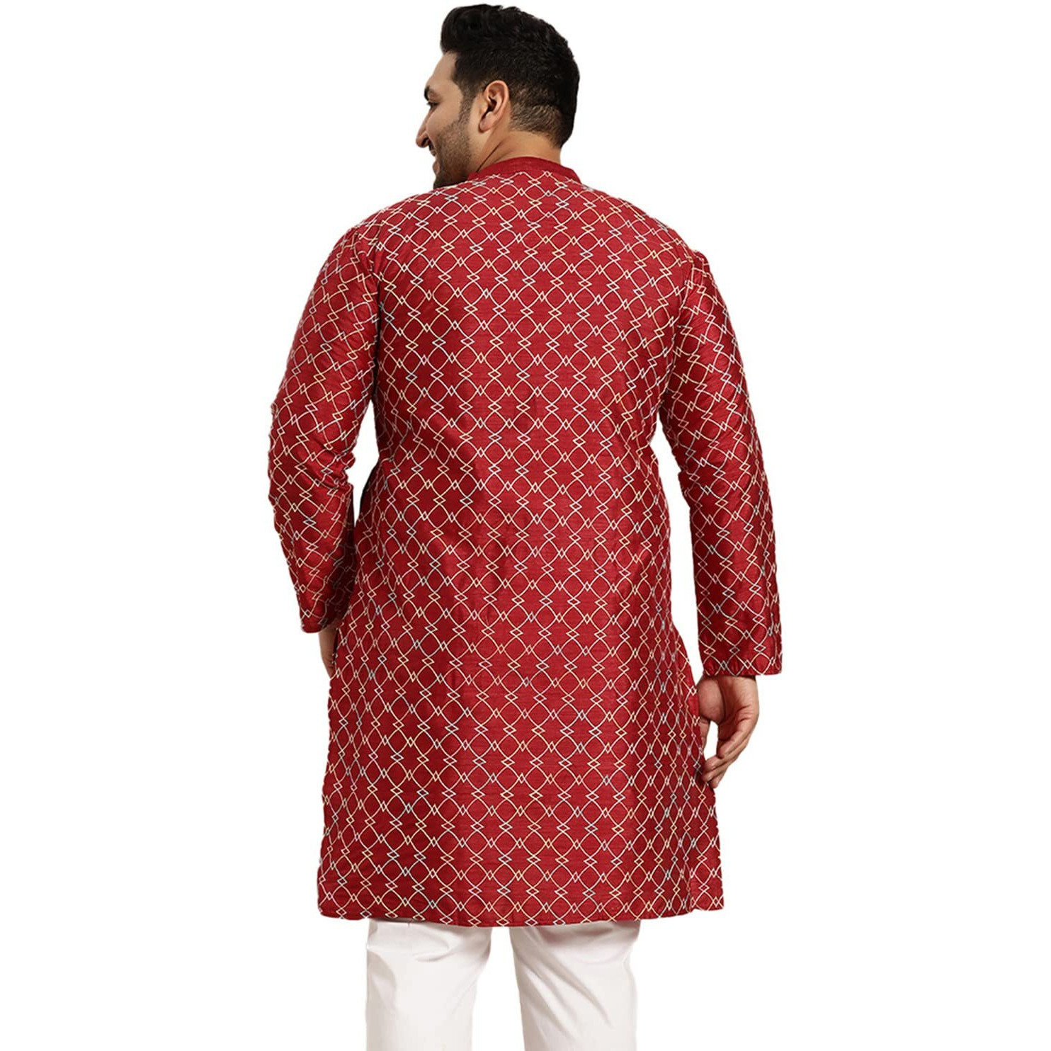 Sojanya Plus (Since 1958) Men's Maroon Silk Blend Long Kurta With Multi Color Embroidery