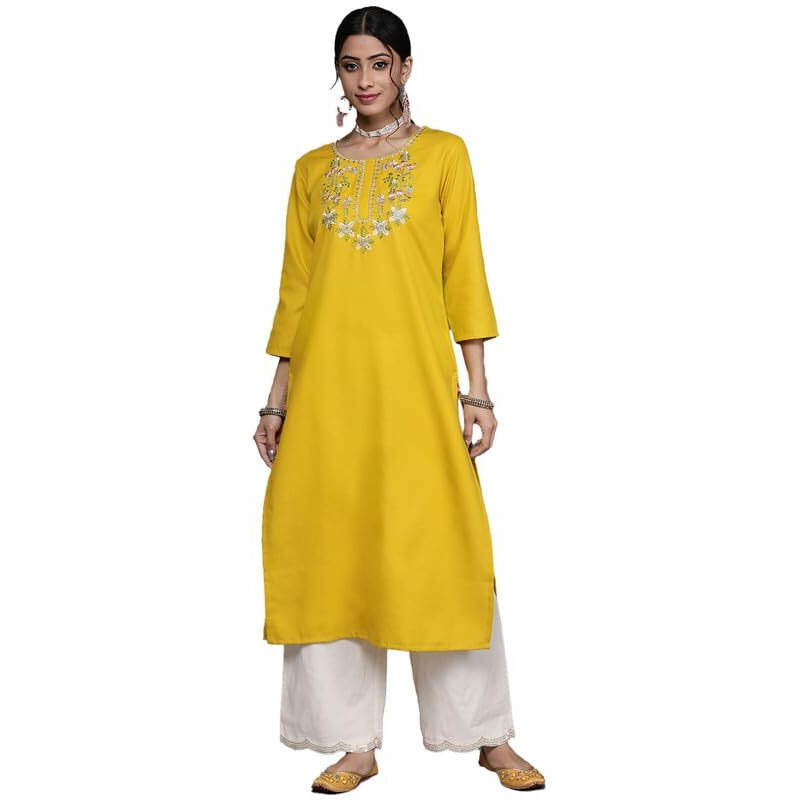 Varanga Women's Cotton Kurta Yellow