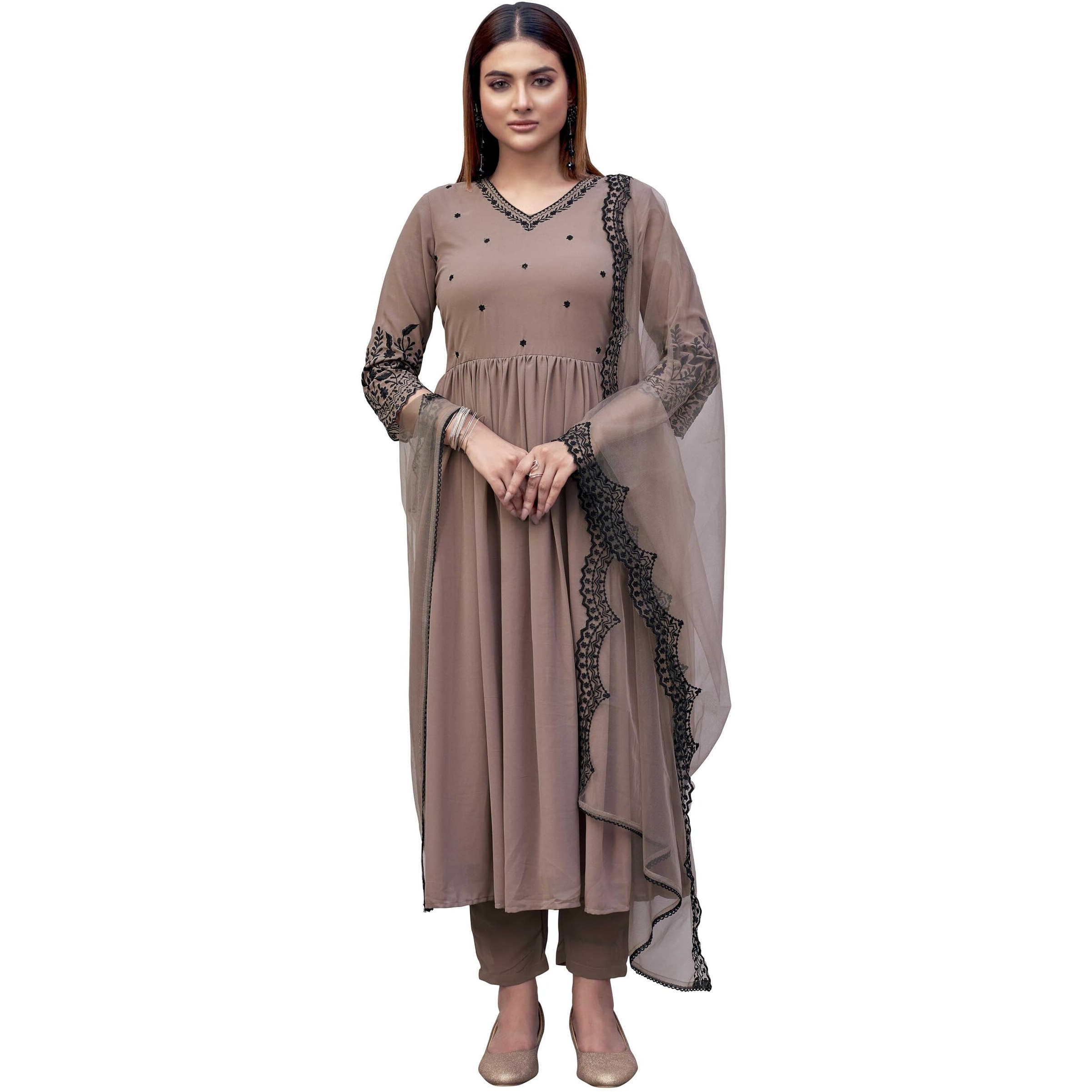 Womanista Women's Georgette Flared Solid Kurta Set (Kurtaset_1382_Nude