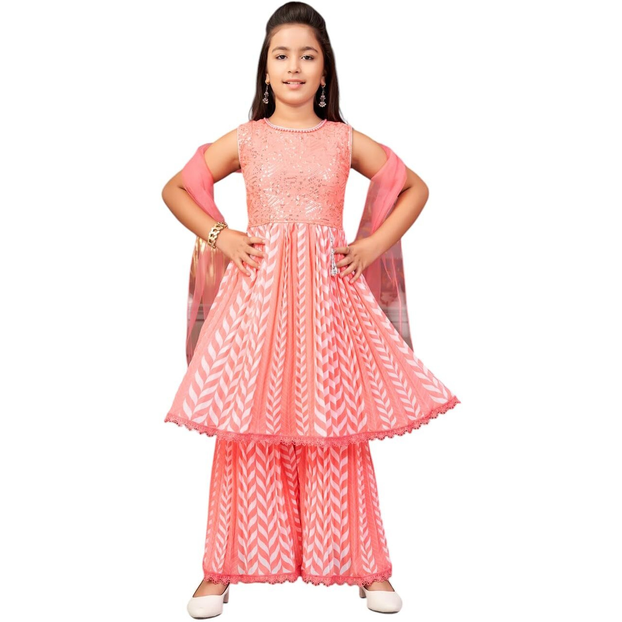 Aarika Girls Ethnic Wear Pink Colour Beads Sequins Embroidery Georgette Kurti Sharara Set (5-16 Years)