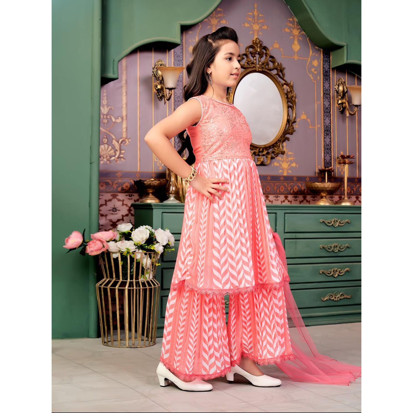 Aarika Girls Ethnic Wear Pink Colour Beads Sequins Embroidery Georgette Kurti Sharara Set (5-16 Years)