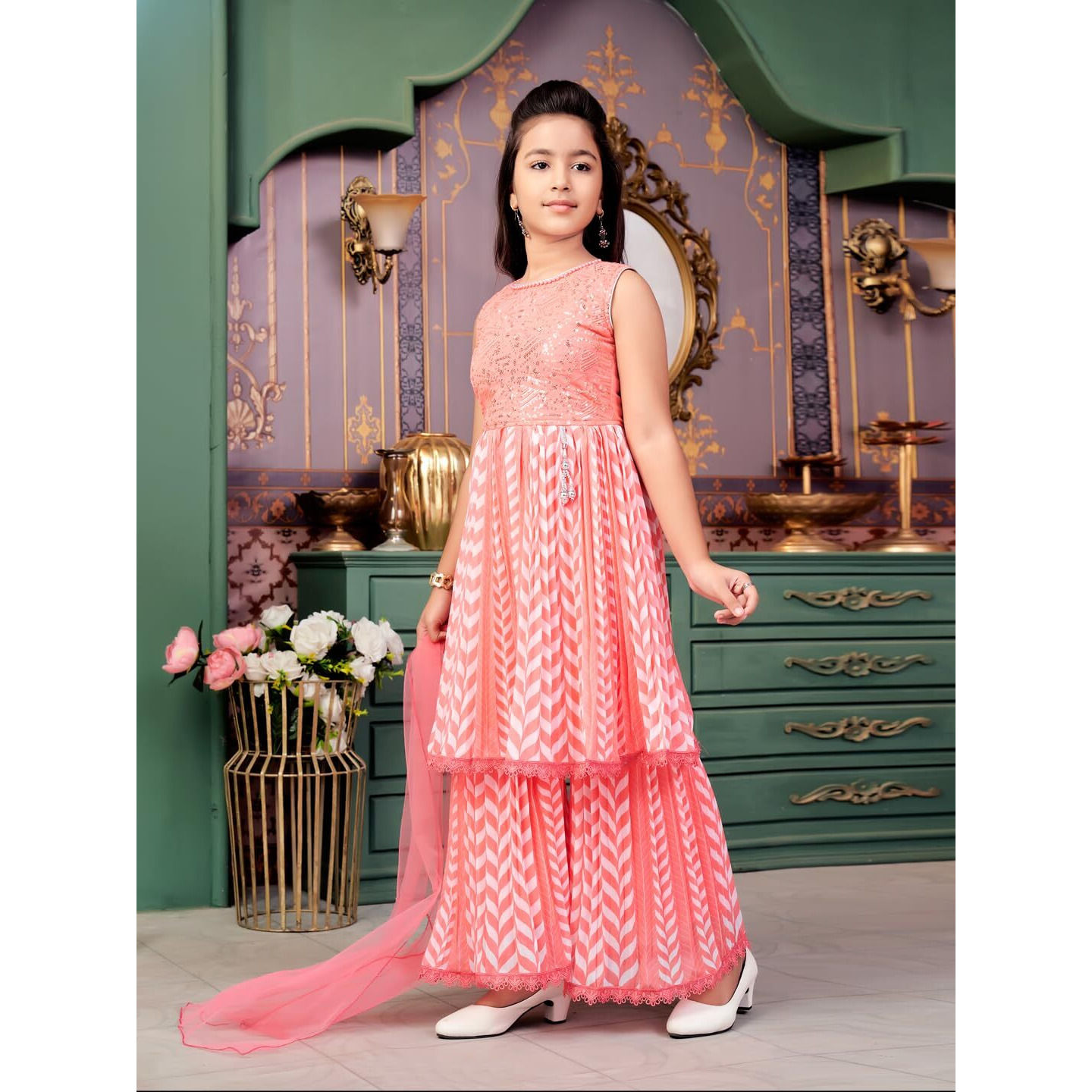 Aarika Girls Ethnic Wear Pink Colour Beads Sequins Embroidery Georgette Kurti Sharara Set (5-16 Years)