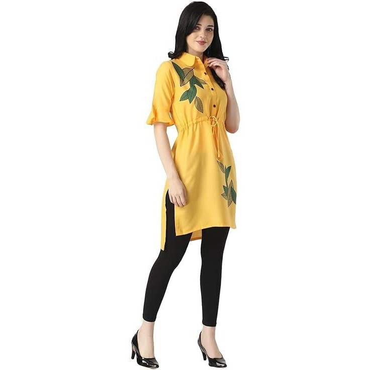 Dhruvi Trandz Women's Slub Rayon Straight (Kurti-Style New_Yellow_S)