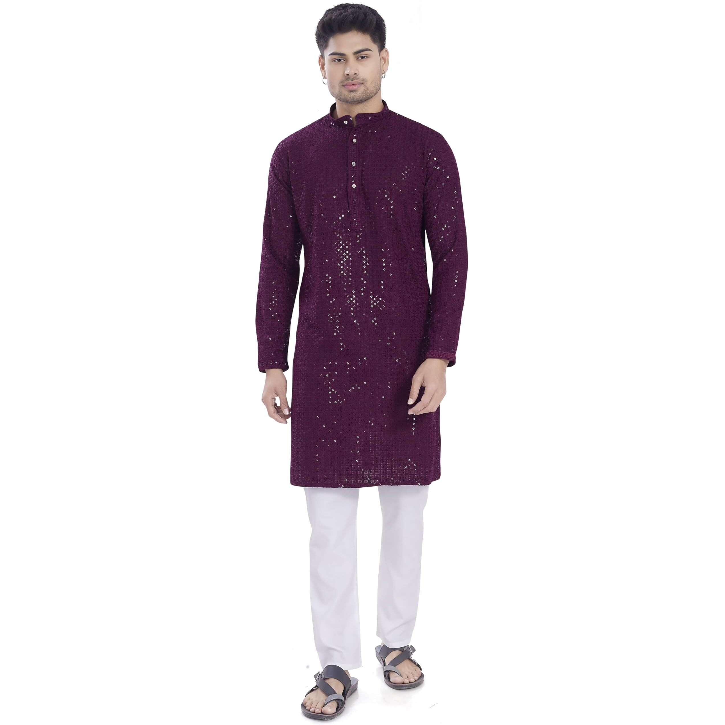 Divisive Men's Sequince Embroidered Cotton Blend Only Slim Fit Kurta (Dkrt1144_S_Burgundy)