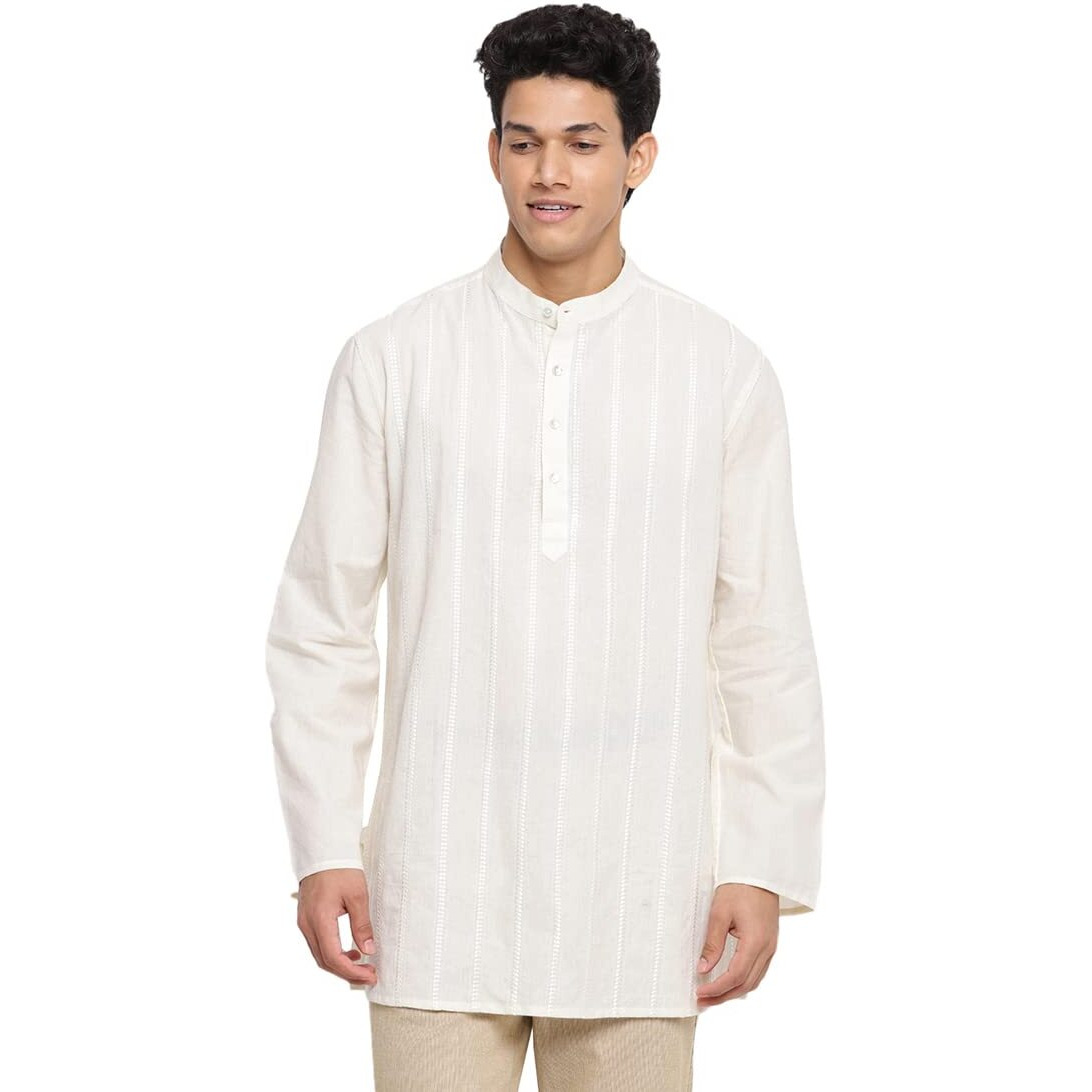 Fabindia Men Cotton Embroidered Short Kurta Natural_Xs