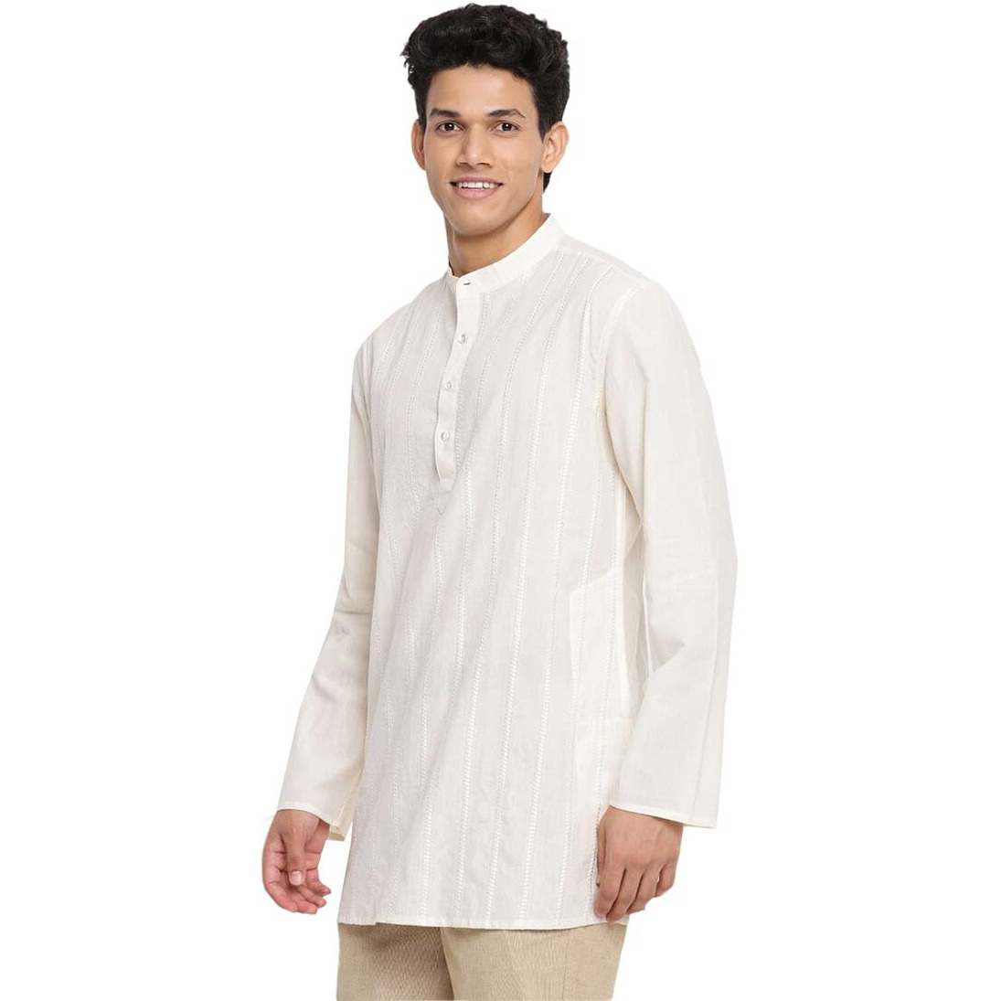 Fabindia Men Cotton Embroidered Short Kurta Natural_Xs