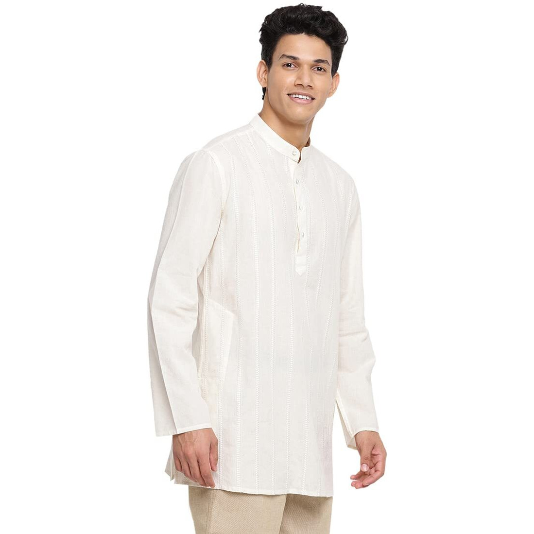 Fabindia Men Cotton Embroidered Short Kurta Natural_Xs