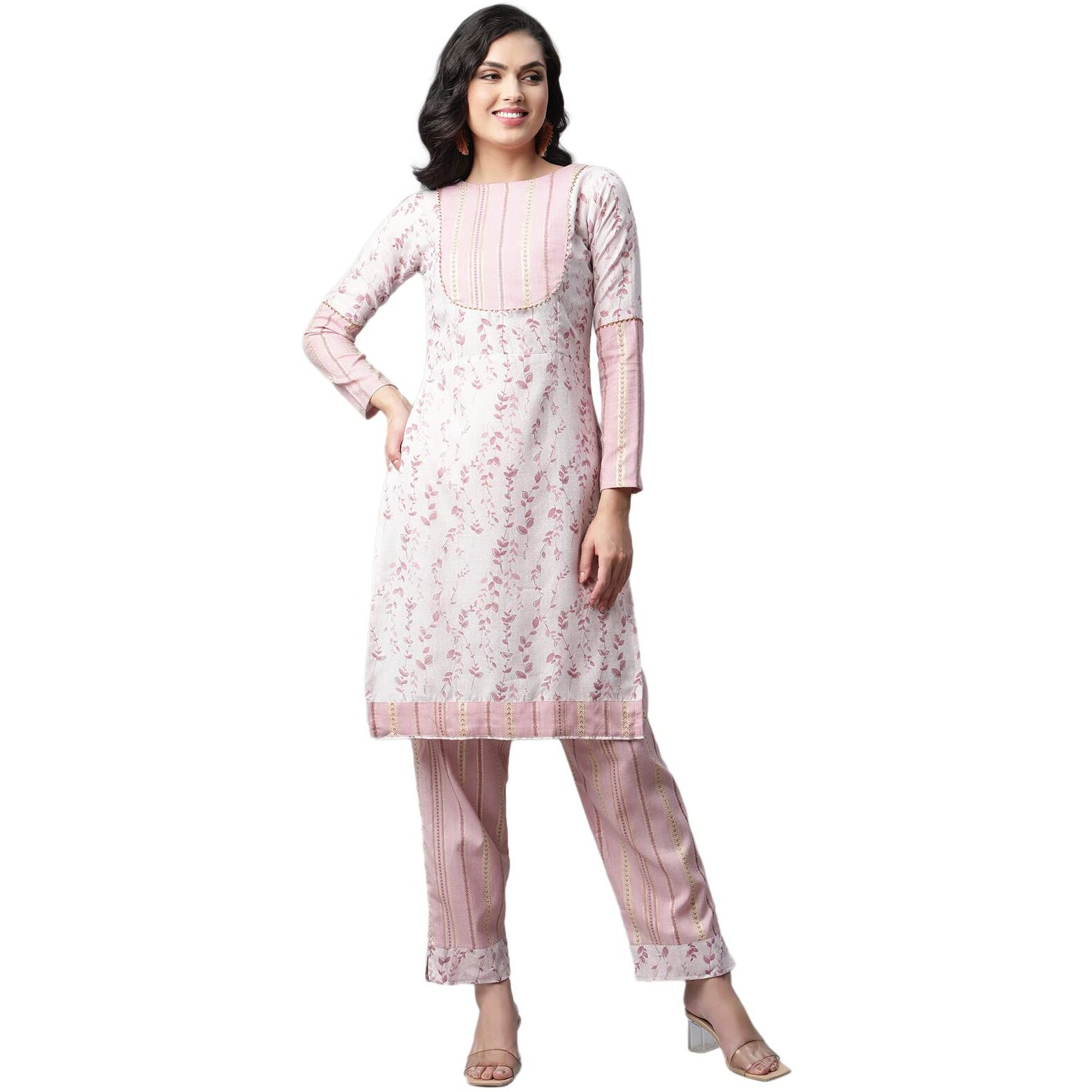 Greciilooks Cotton Floral Kurti Festive Regular Fit Kurta Set For Women (Gl-K2612&P54_Light Pink_L)