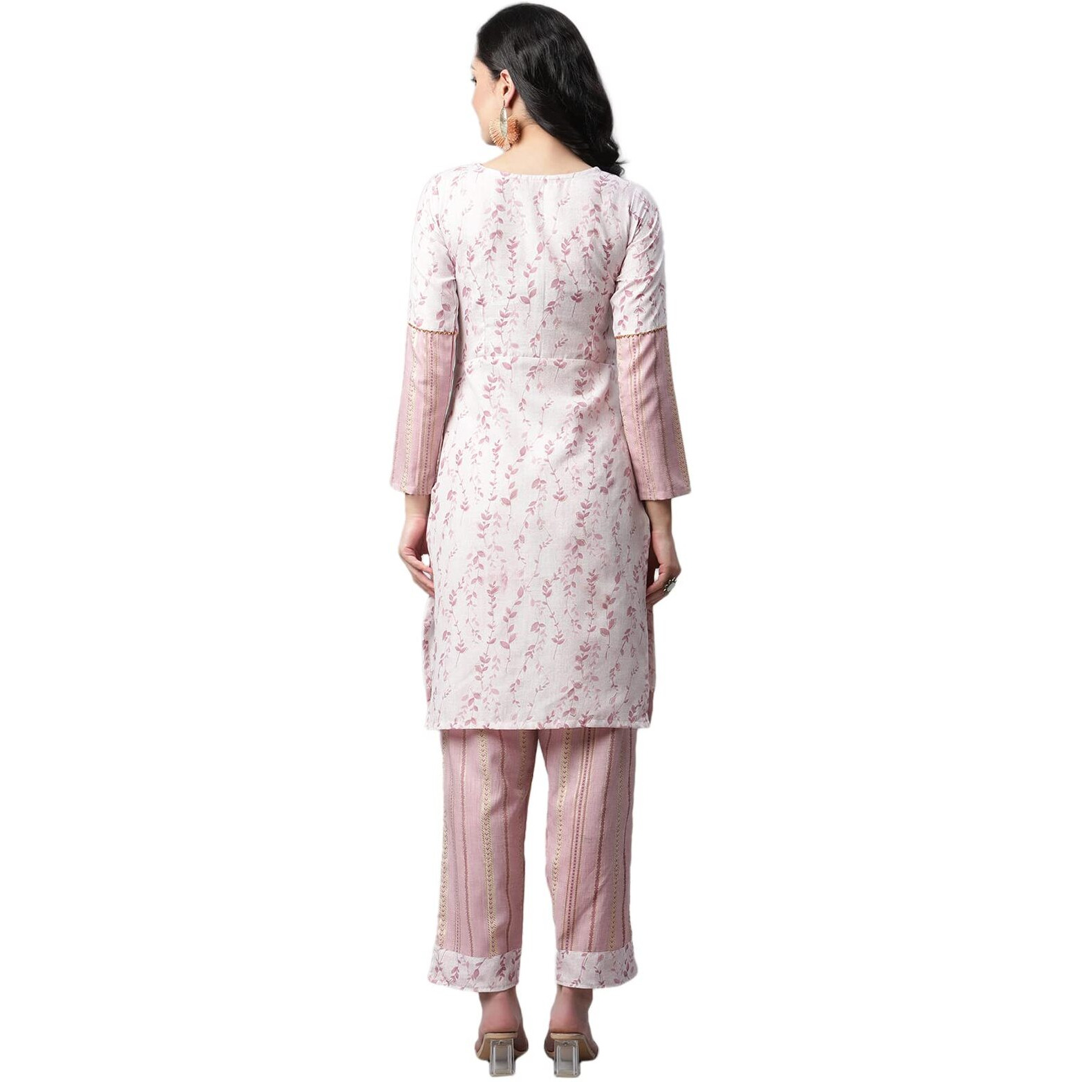 Greciilooks Cotton Floral Kurti Festive Regular Fit Kurta Set For Women (Gl-K2612&P54_Light Pink_L)