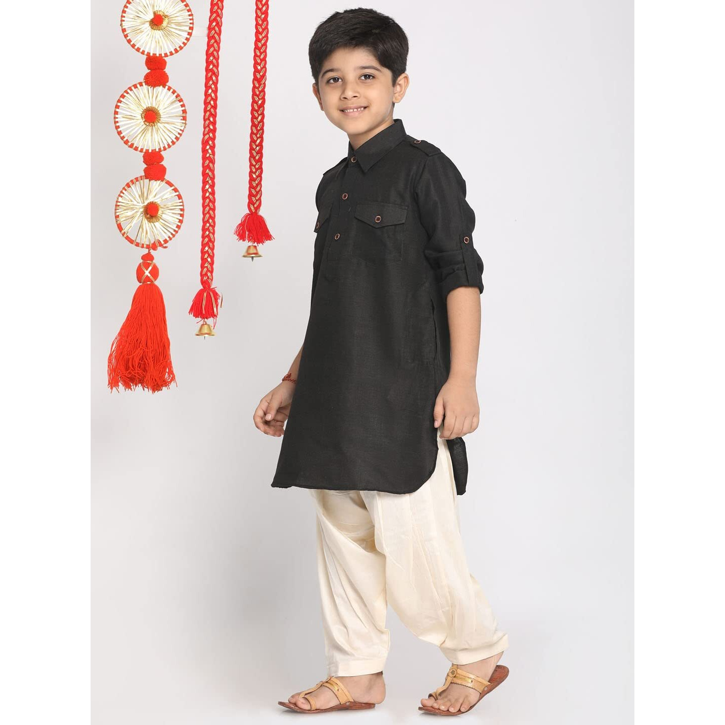 Jbn Creation Boys' Black Cotton Blend Pathani Suit Set