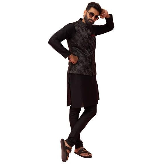 Kisah Men's Black Kurta Jacket Churidar Set Silk Blend Jacquard Full Sleaves, Knee Length, Straight, Regular Fit, Ethnic, 44