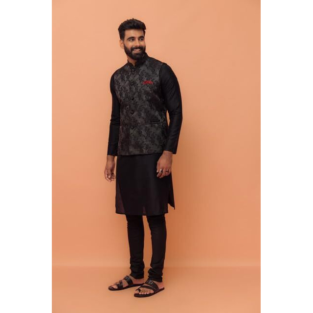 Kisah Men's Black Kurta Jacket Churidar Set Silk Blend Jacquard Full Sleaves, Knee Length, Straight, Regular Fit, Ethnic, 44