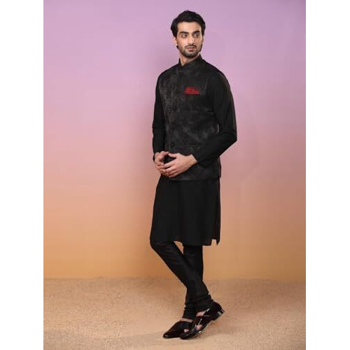 Kisah Men's Ethnic Wear Regular Fit Silk Blend Self Design Black Kurta Churidar And Jacket Set, 36