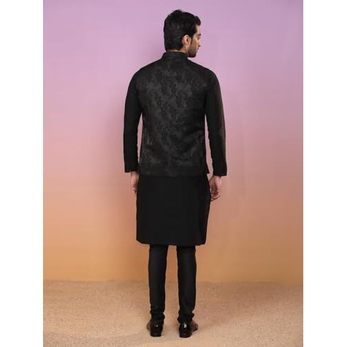 Kisah Men's Ethnic Wear Regular Fit Silk Blend Self Design Black Kurta Churidar And Jacket Set, 36