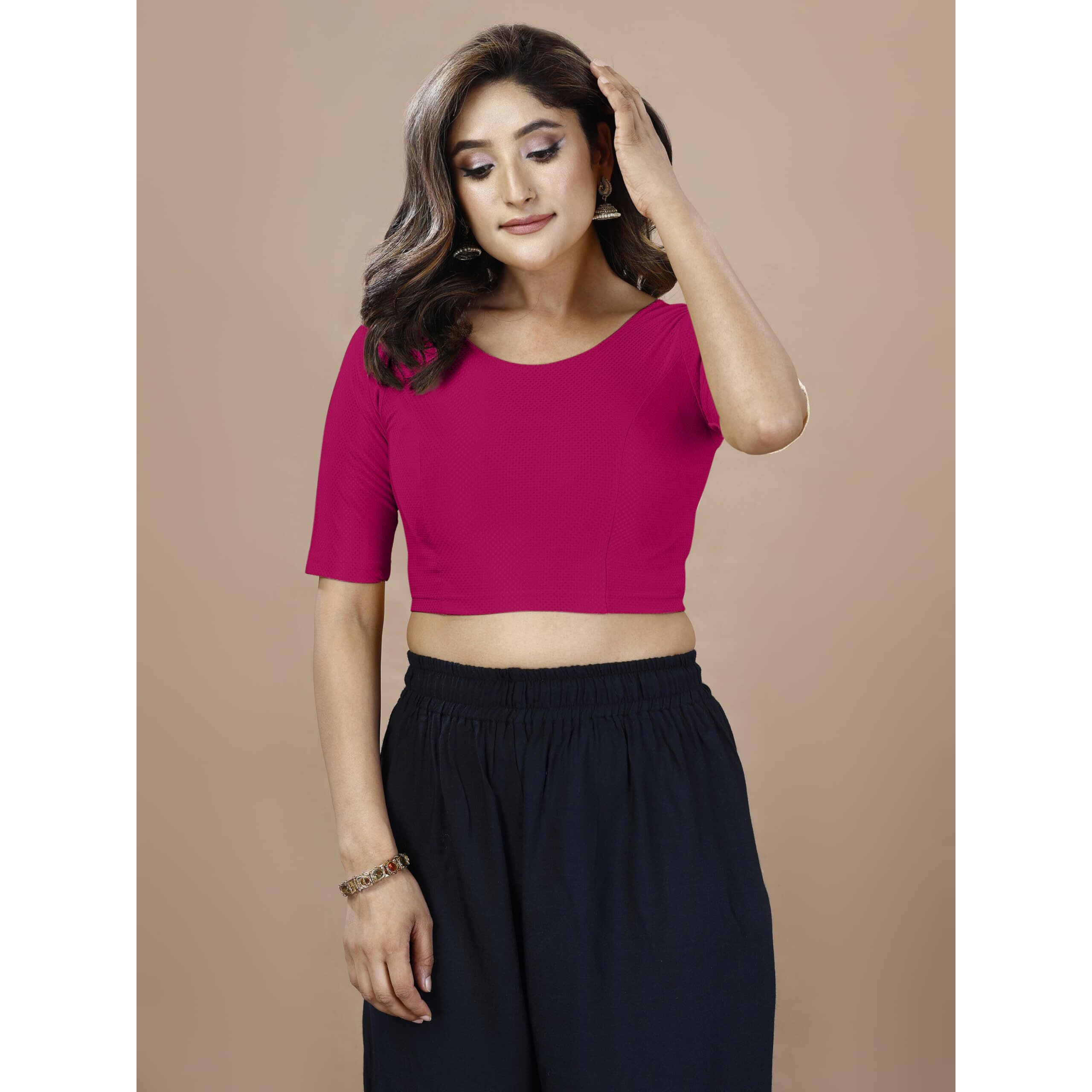 Oomph Stretchable Readymade Blouse For Women, Pink, Round Neck, Rbbl564Xl