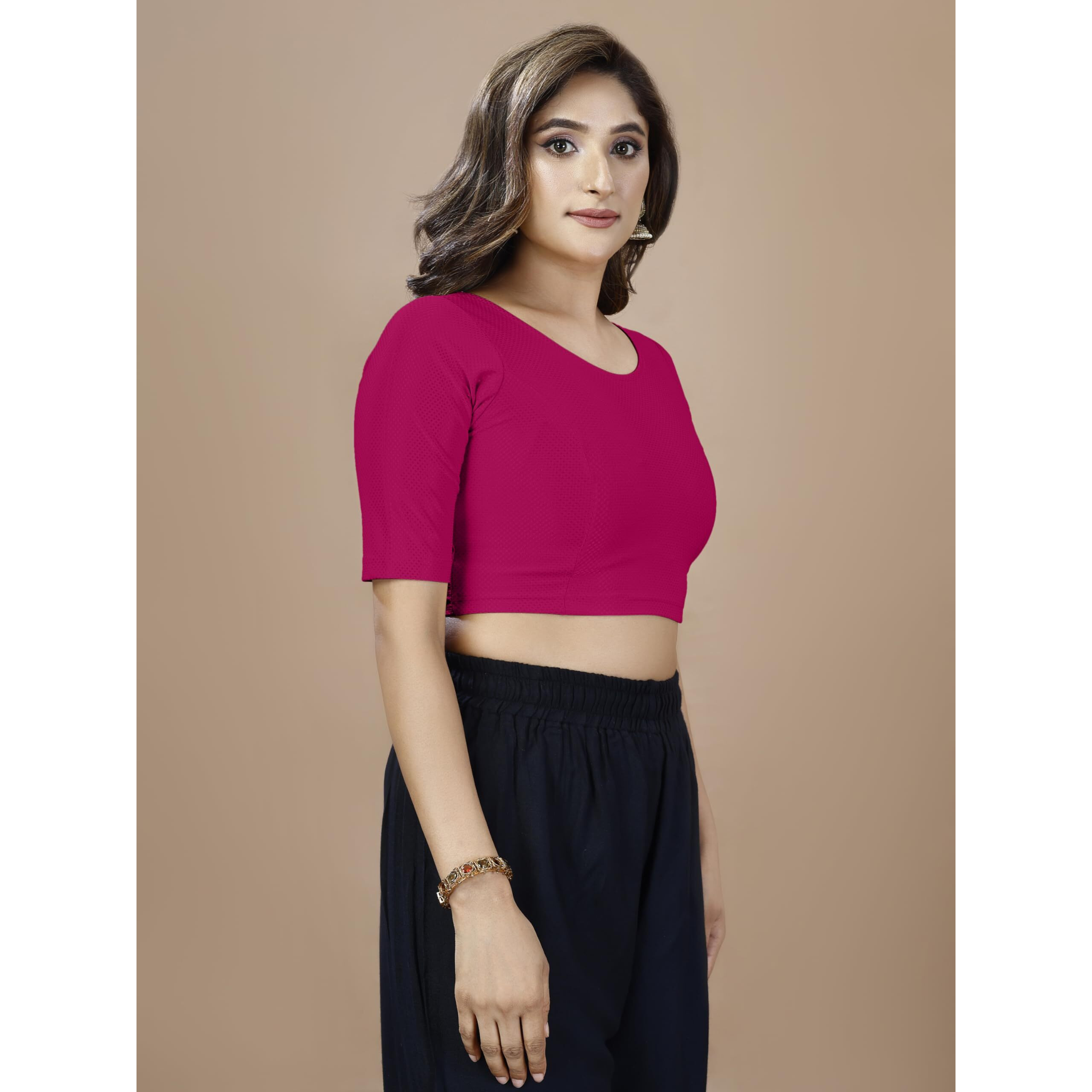 Oomph Stretchable Readymade Blouse For Women, Pink, Round Neck, Rbbl564Xl