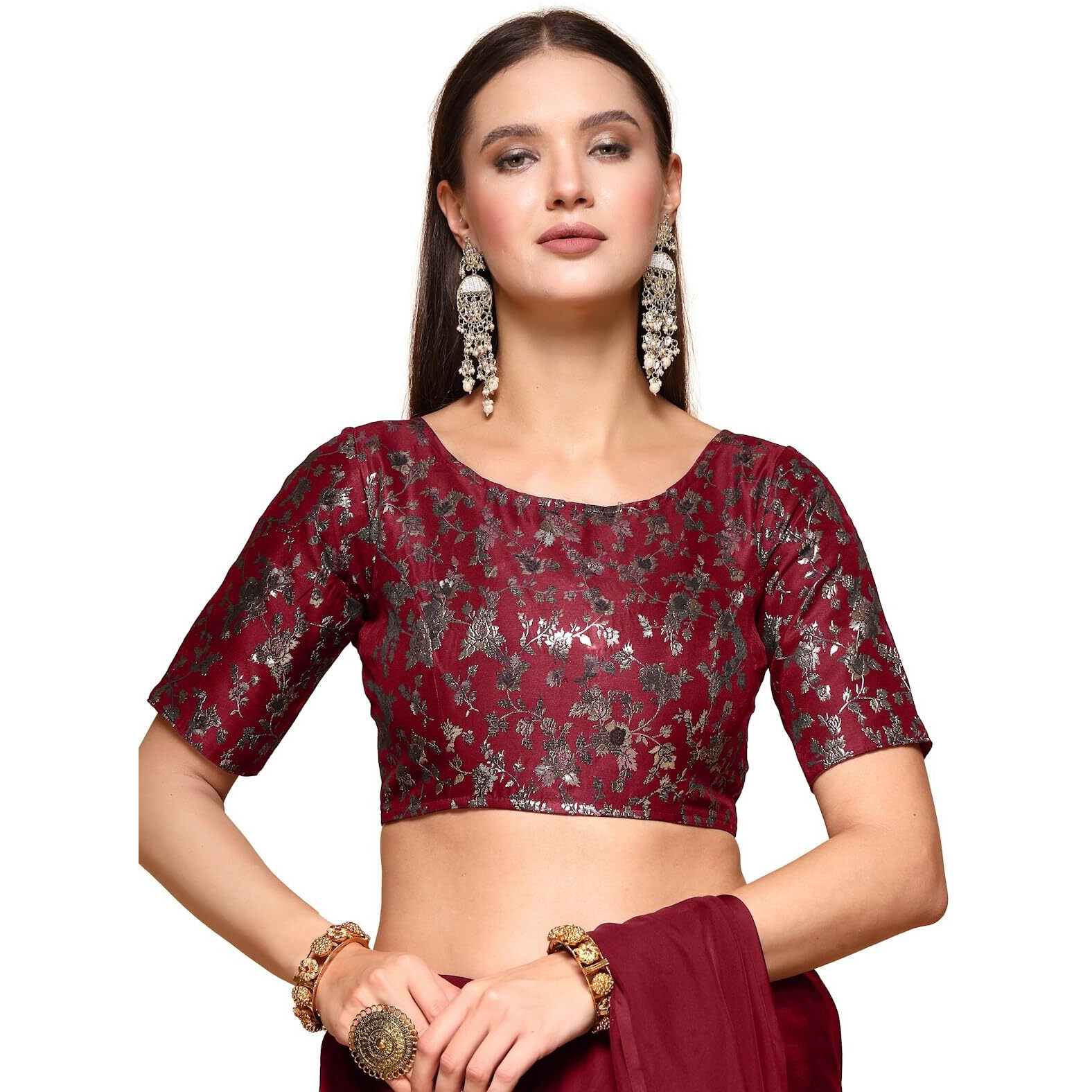 Oomph Readymade Blouse For Women, Brocade, Boat Neck, Rbbl531